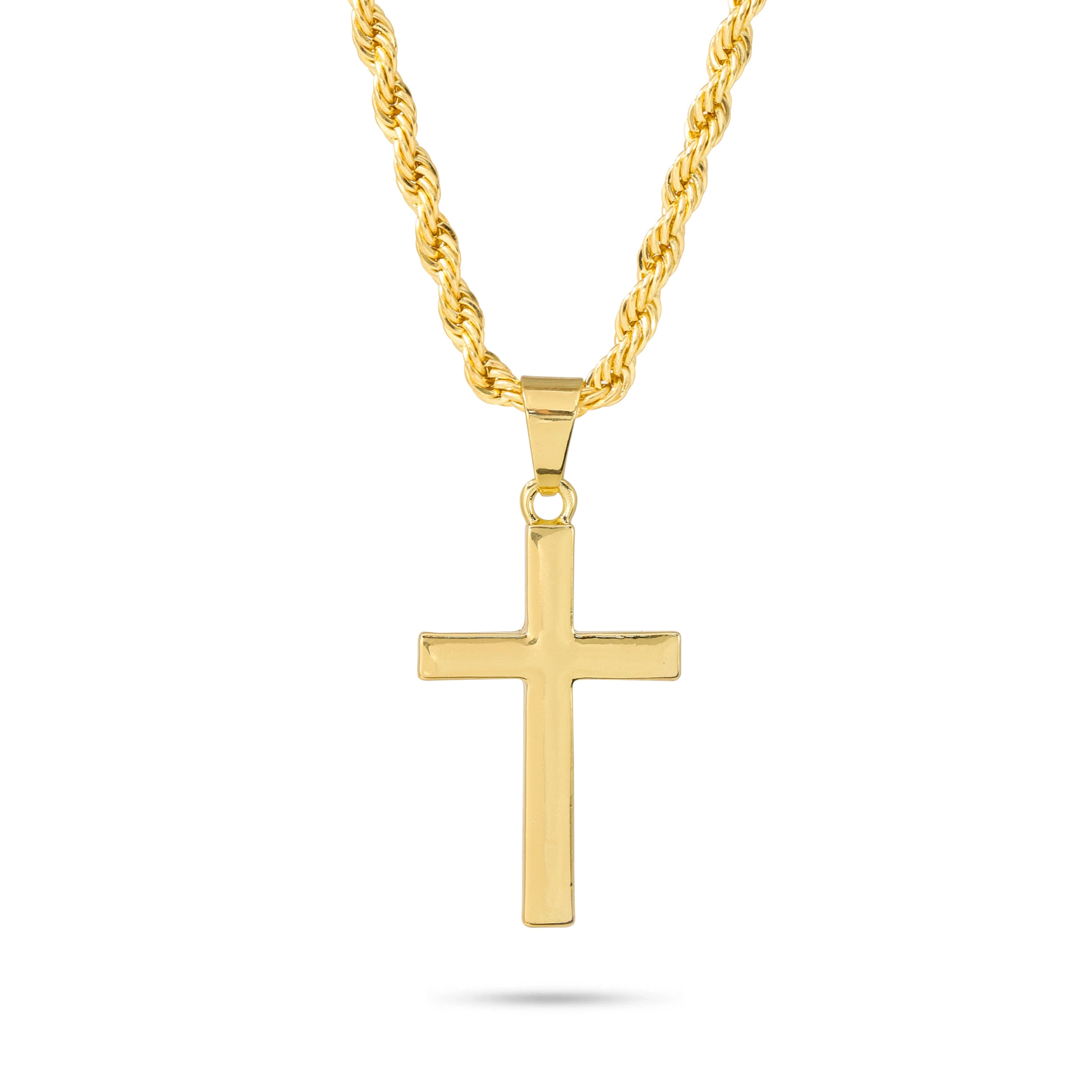 Men's medium gold solid cross pendant on 4mm rope necklace with smooth, polished design.