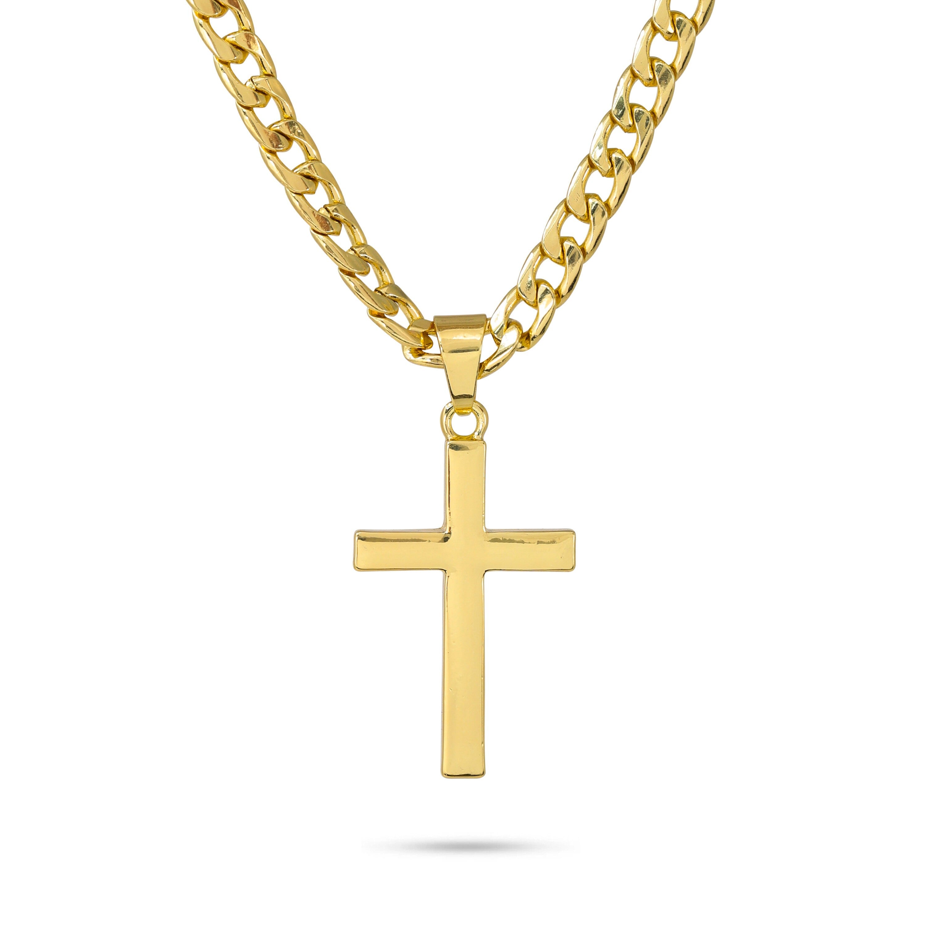 Gold men's solid cross pendant on thick Cuban link chain with sleek polished metal finish.