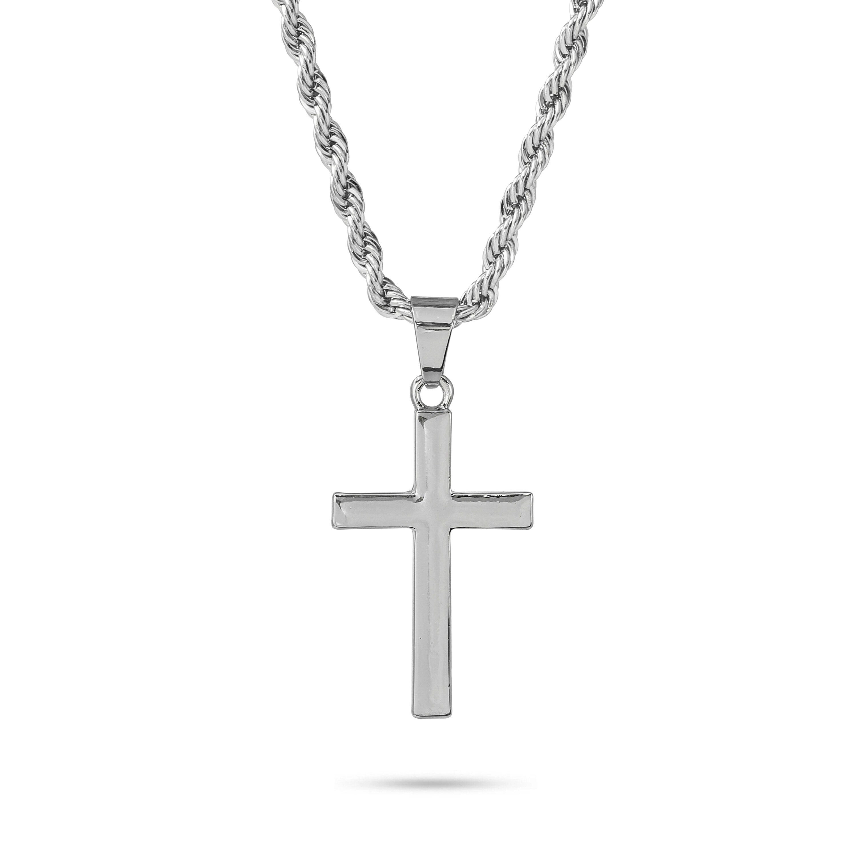 Men's medium silver solid cross pendant on 4mm rope necklace featuring a smooth polished look.
