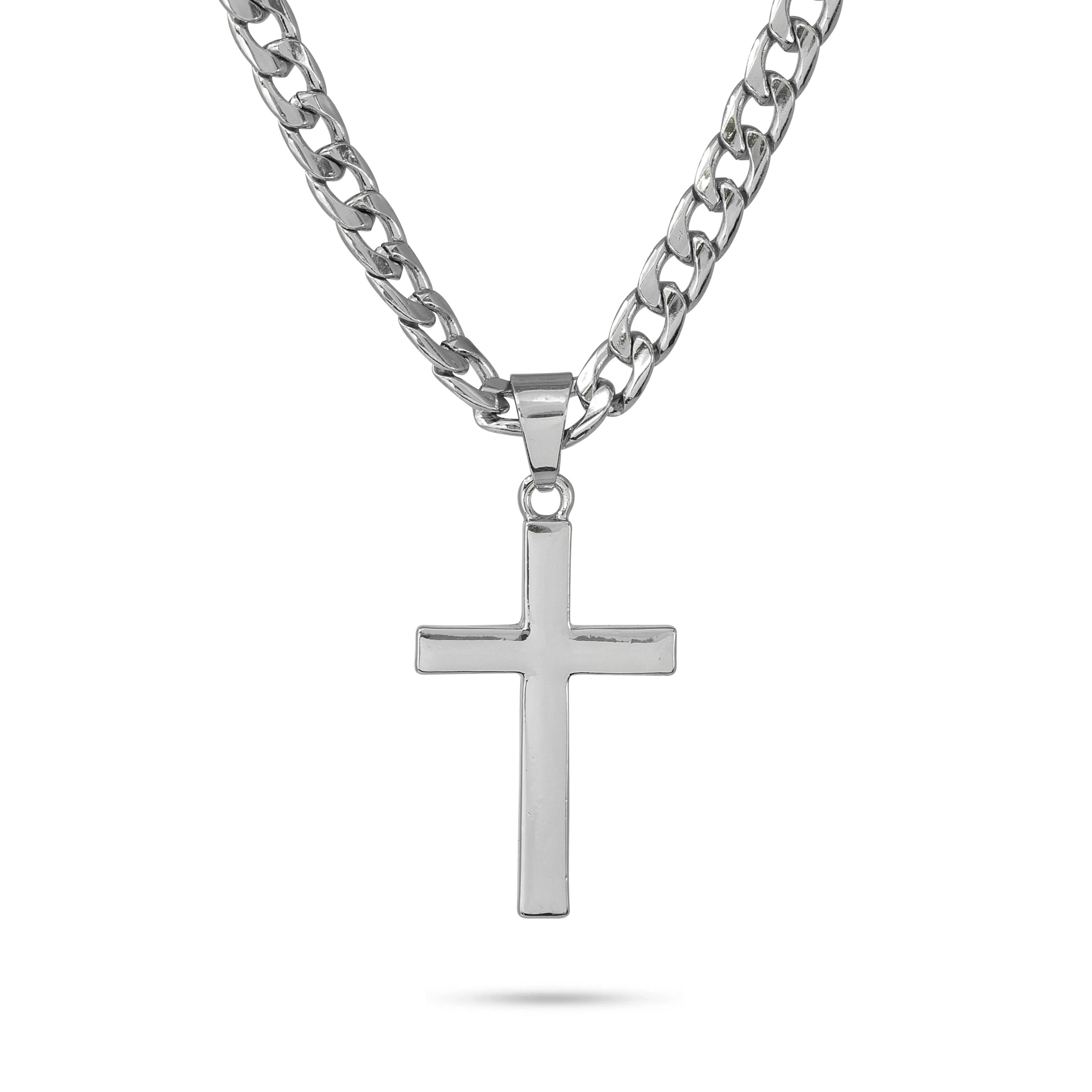 Silver men's solid cross pendant on thick Cuban link chain with sleek, minimal polished design.