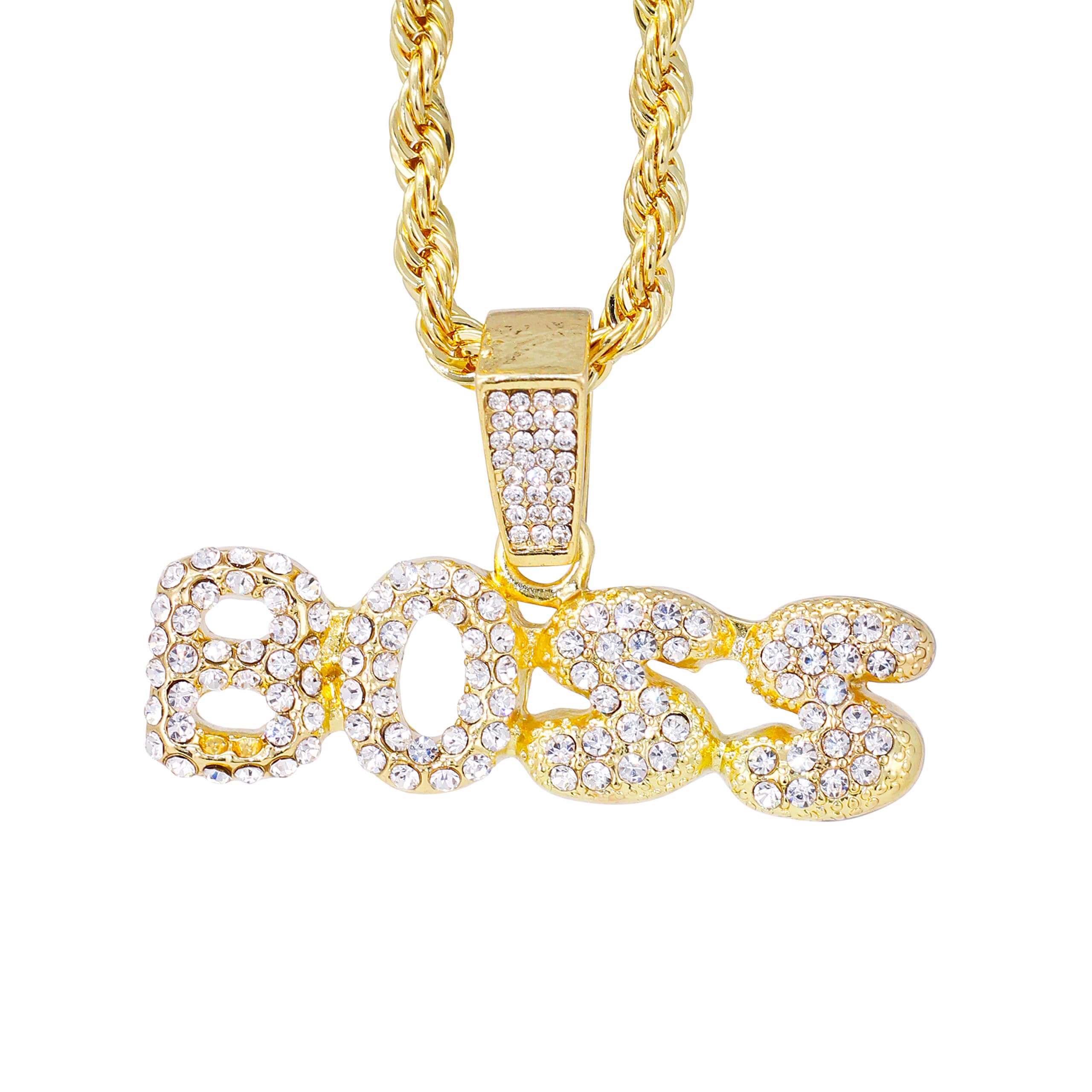 Medium Iced Out Boss Pendant with 4mm Rope Chain