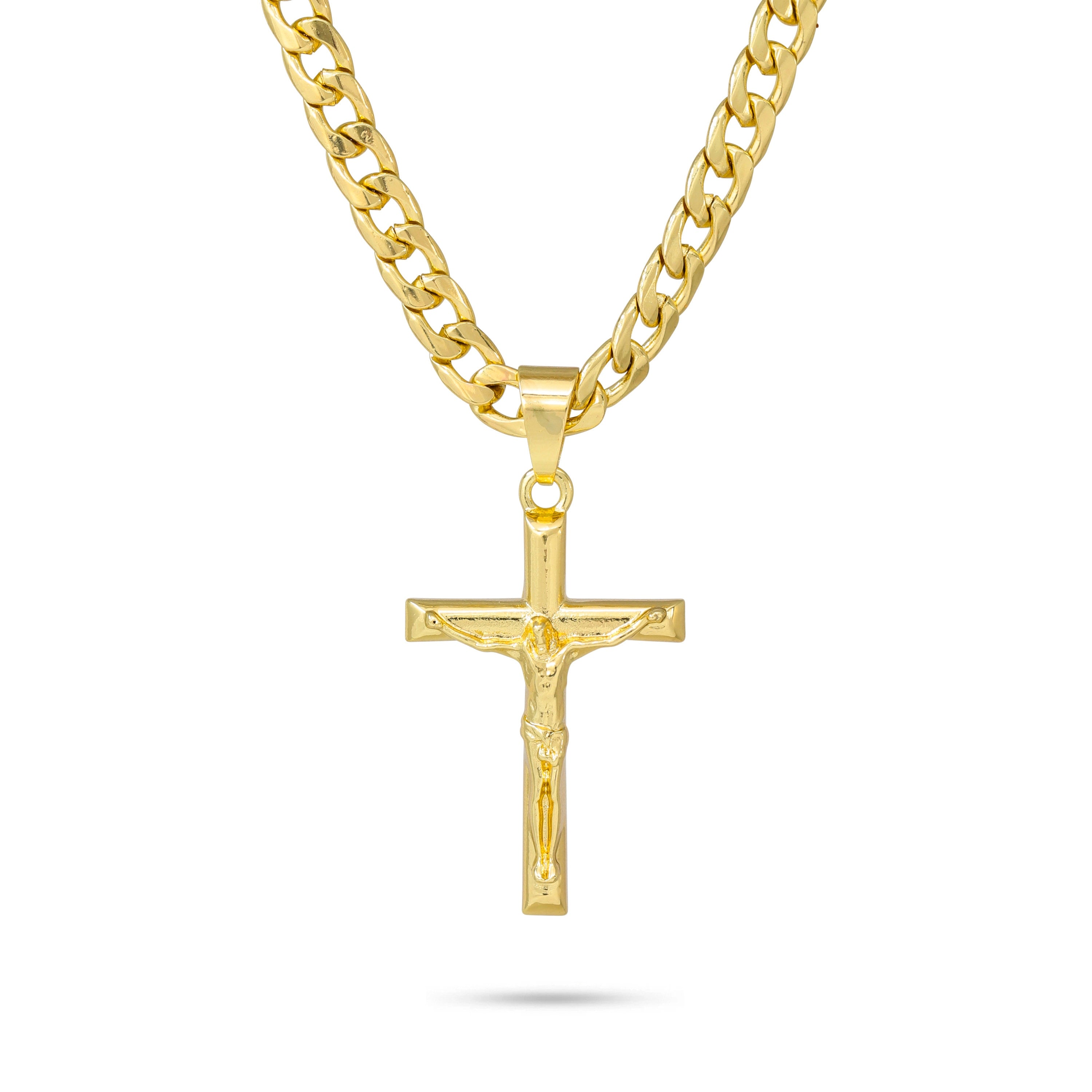 Gold crucifix pendant with detailed Jesus figure on 5mm Cuban link chain for men.