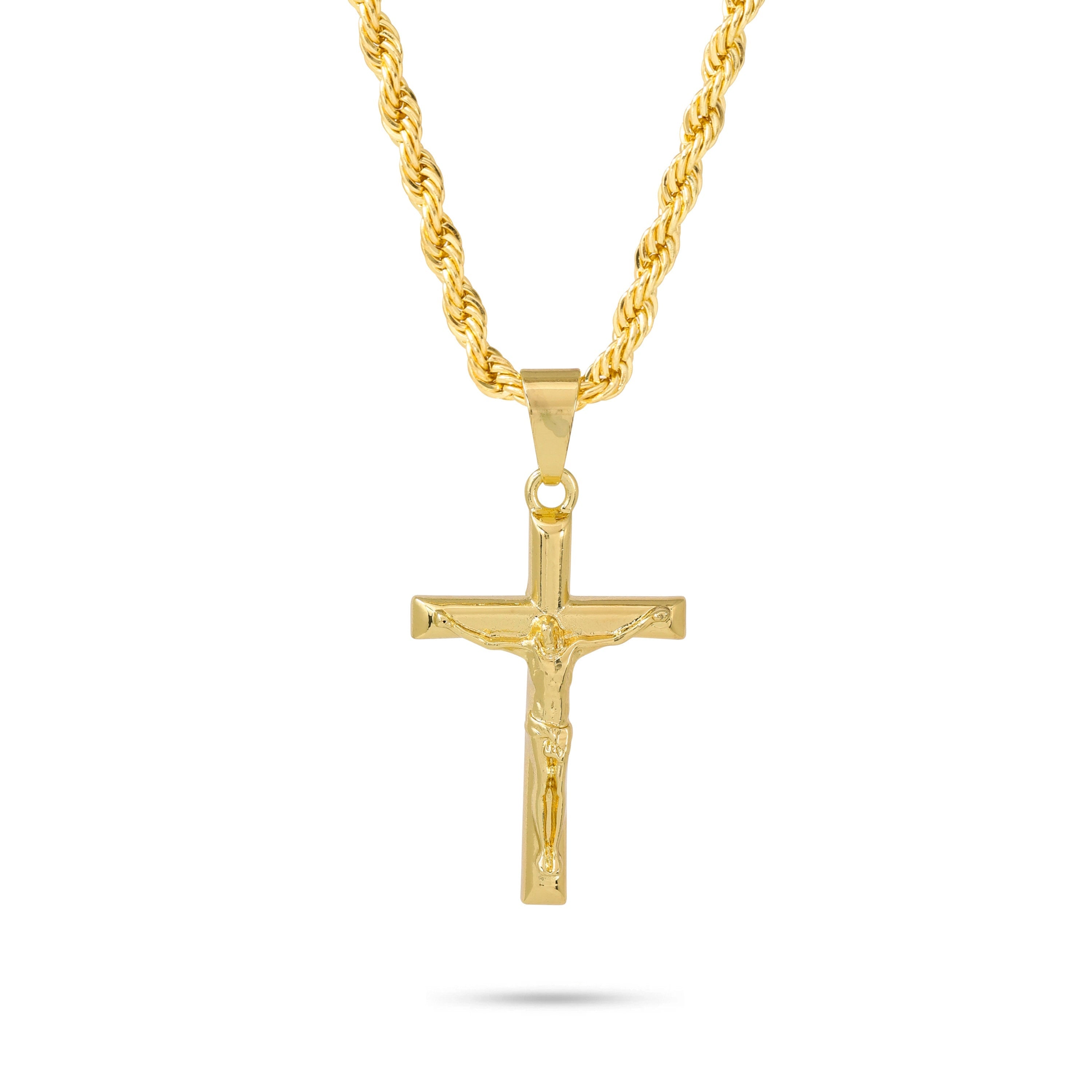 Men's gold crucifix pendant on 4mm rope chain with detailed Jesus figure design.