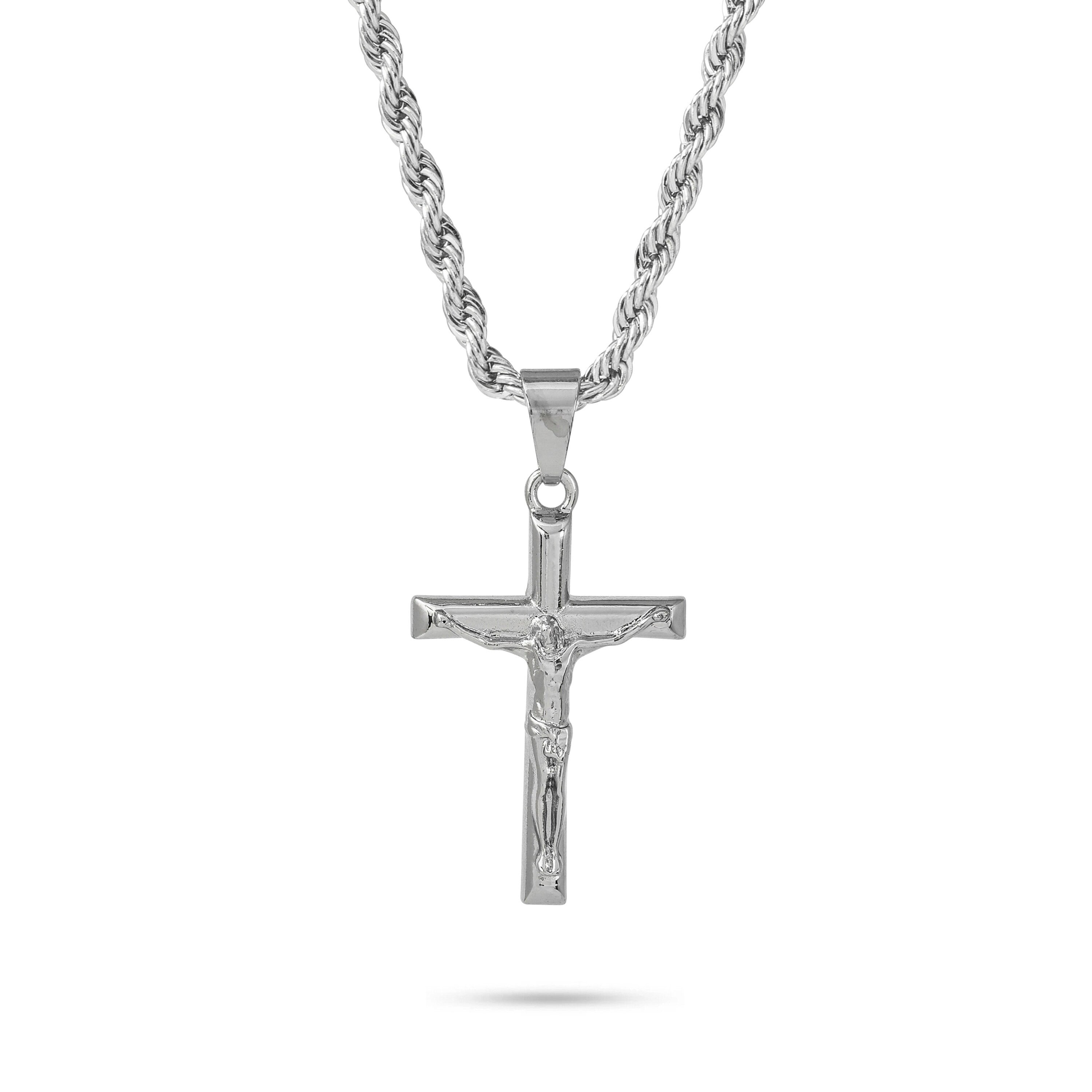 Men's medium silver crucifix pendant on 4mm rope necklace with detailed Christ figure.