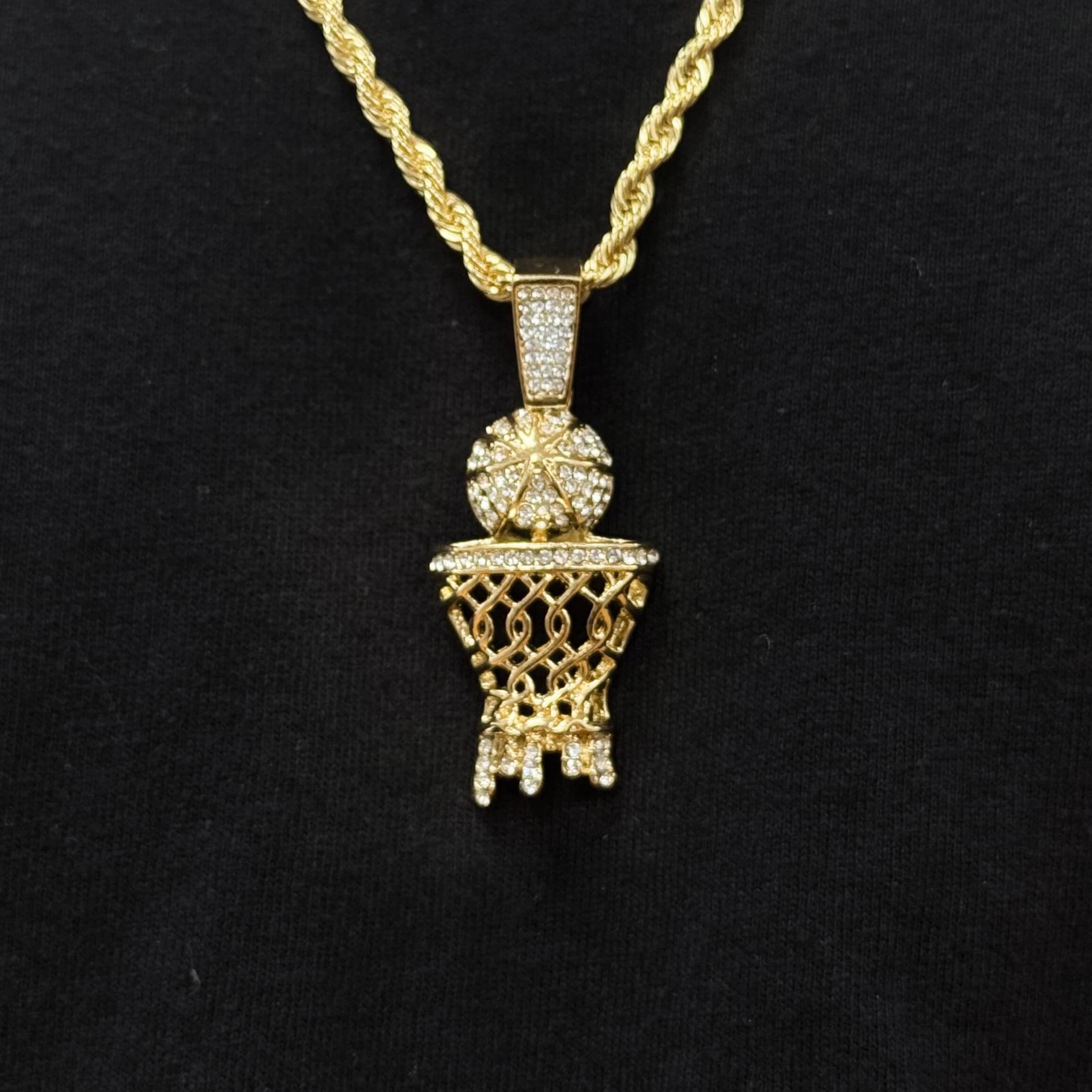 Medium Iced Out Basketball Hoop Pendant with 4mm Rope Chain
