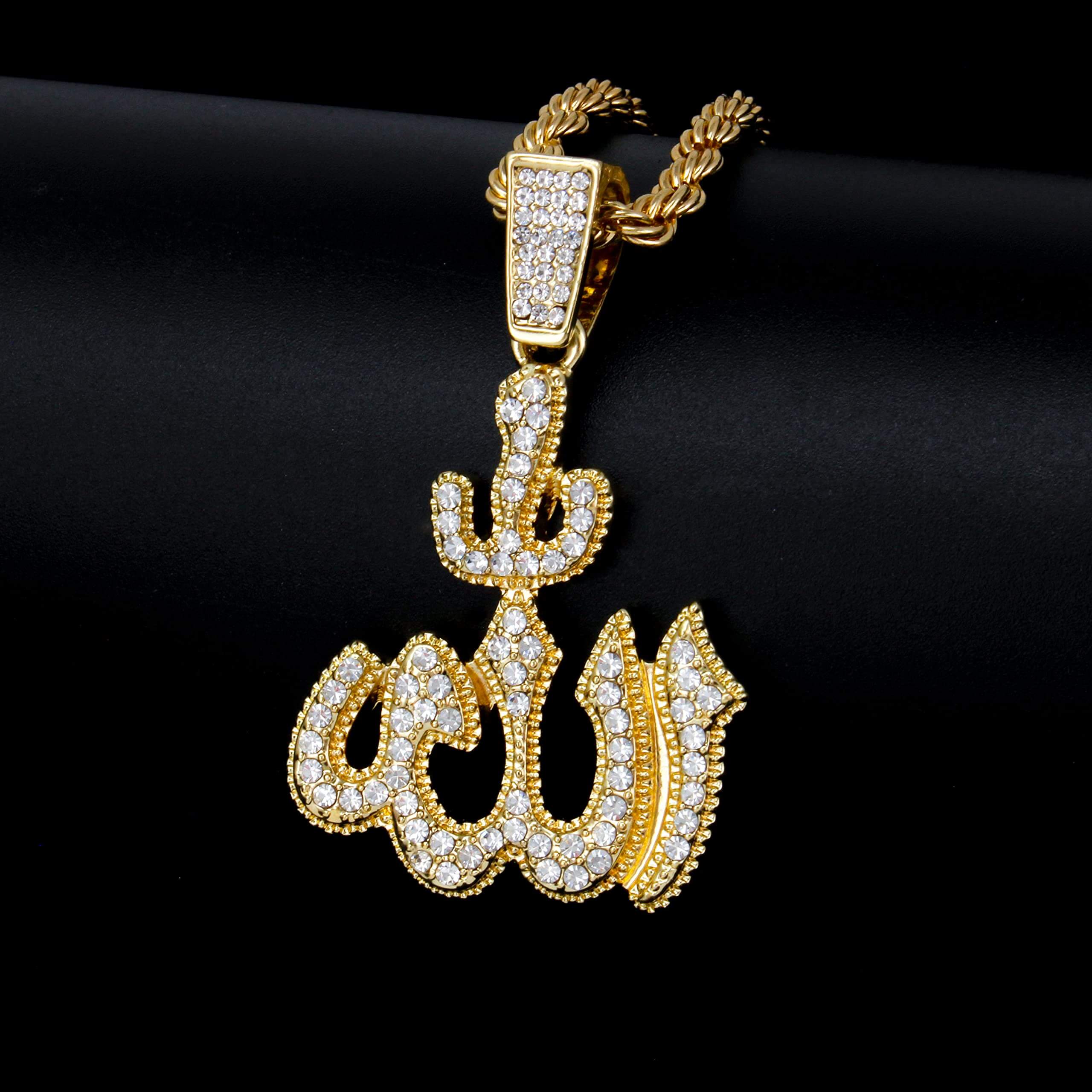 Men's Iced Out Medium Allah Pendant Necklace Set with Cuban Link & Tennis Chains