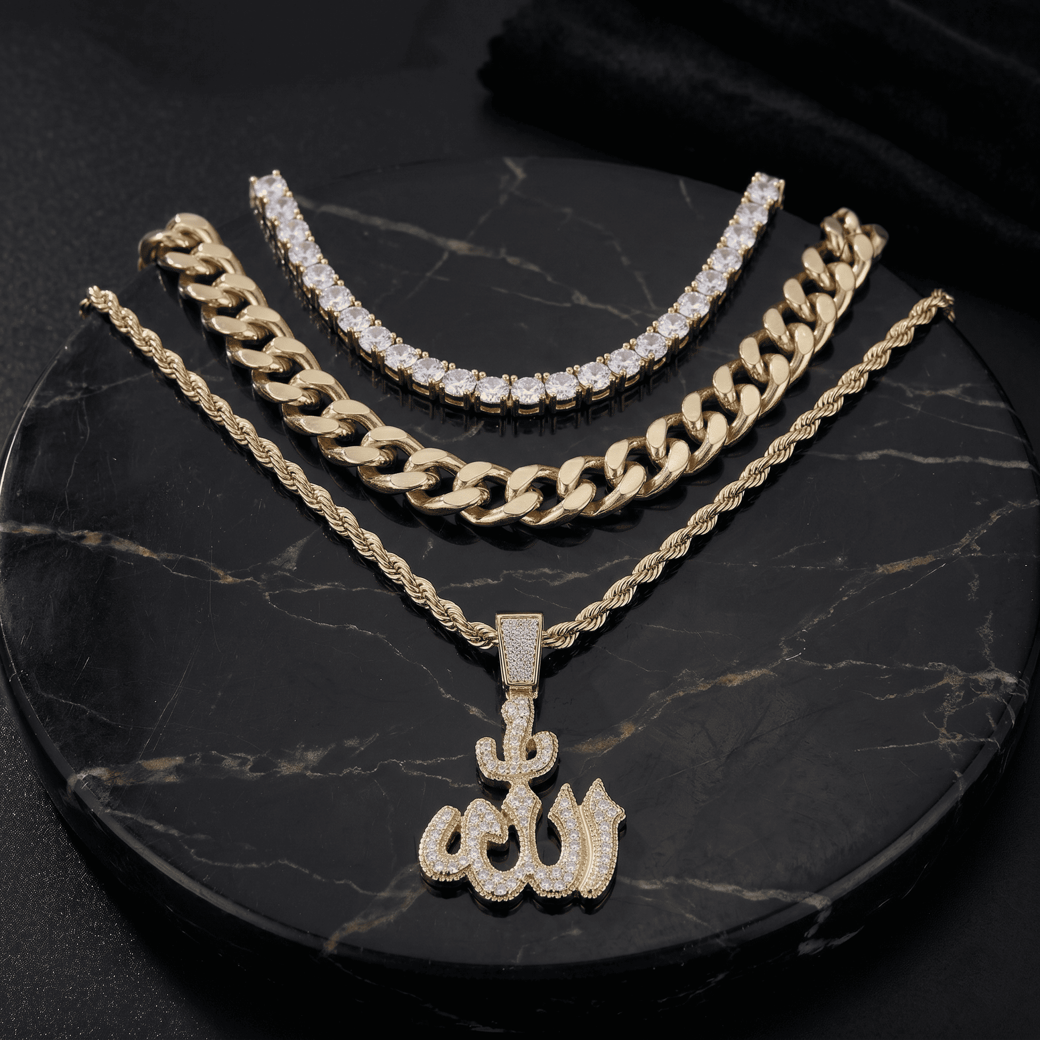 Men's Iced Out Medium Allah Pendant Necklace Set with Cuban Link & Tennis Chains