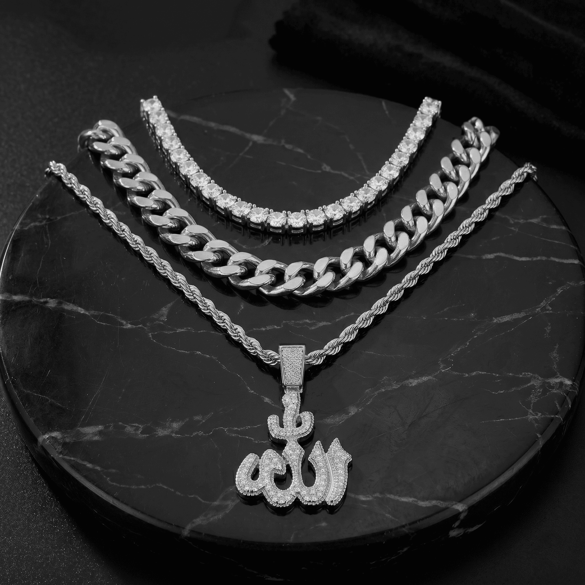 Men's Iced Out Medium Allah Pendant Necklace Set with Cuban Link & Tennis Chains