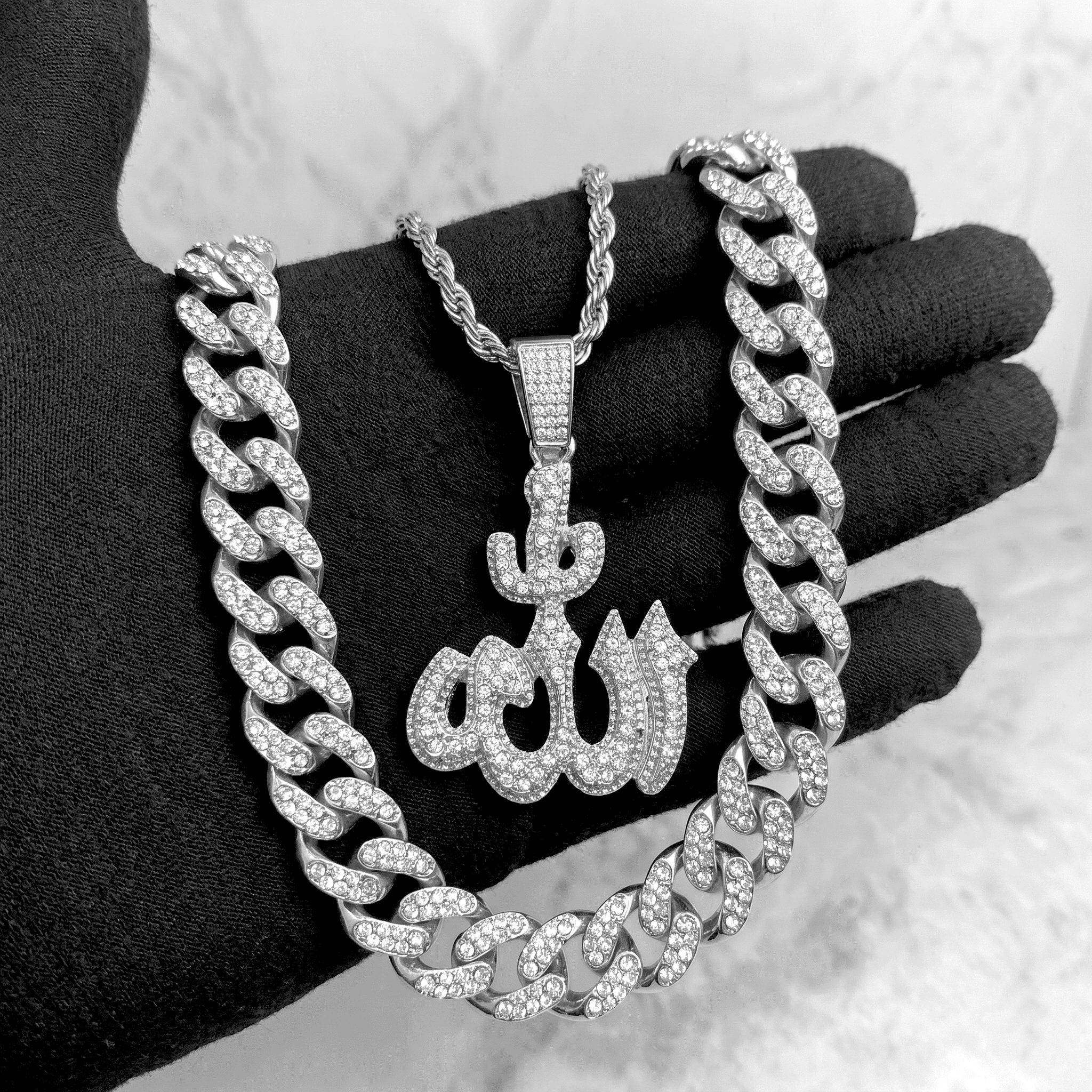 Men's Iced Out Allah Pendant Necklace and Cuban Chain Set