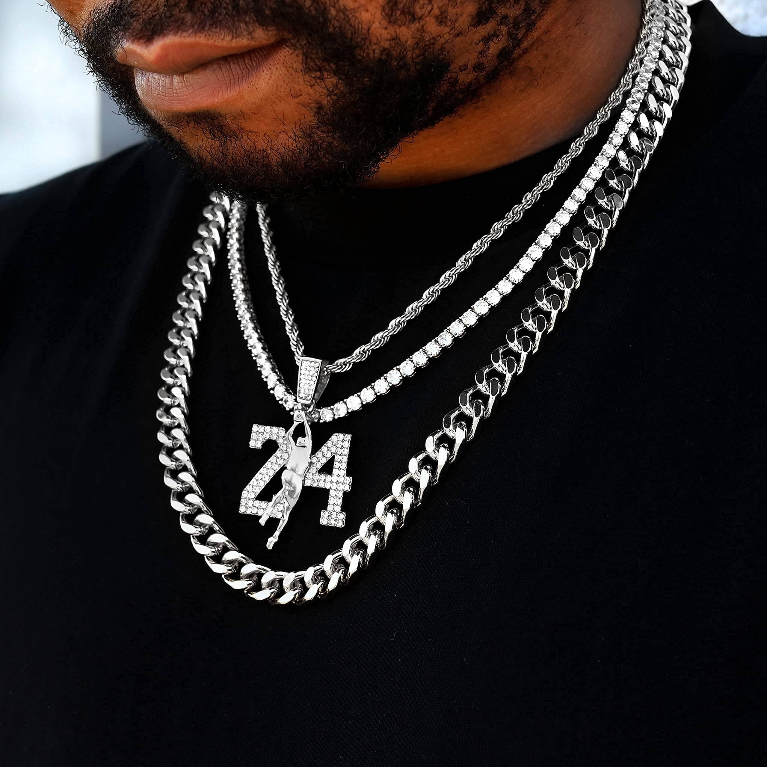 Men's Iced Out Medium 24 Basketball Pendant Necklace Set with Cuban Link & Tennis Chains