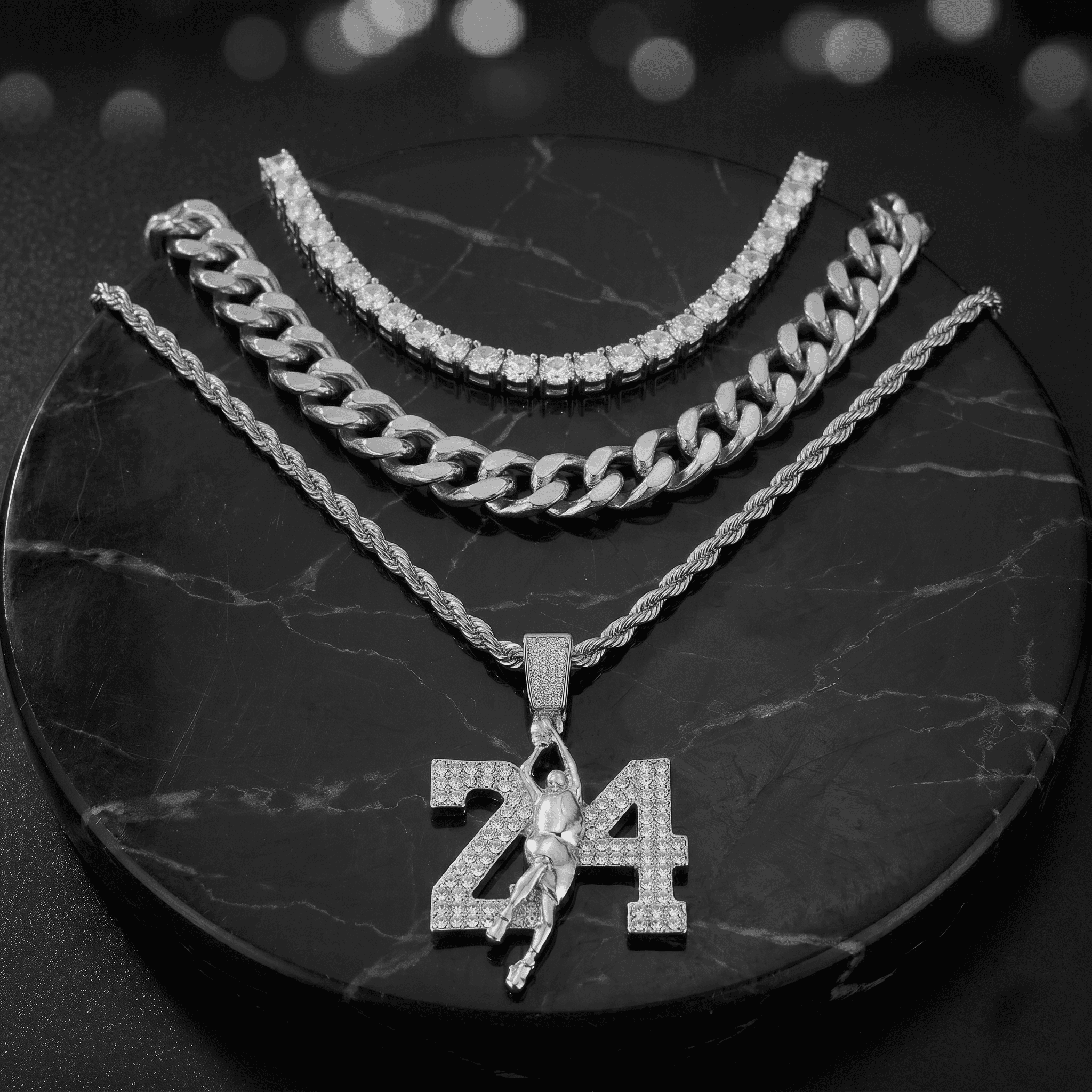 Men's Iced Out Medium 24 Basketball Pendant Necklace Set with Cuban Link & Tennis Chains
