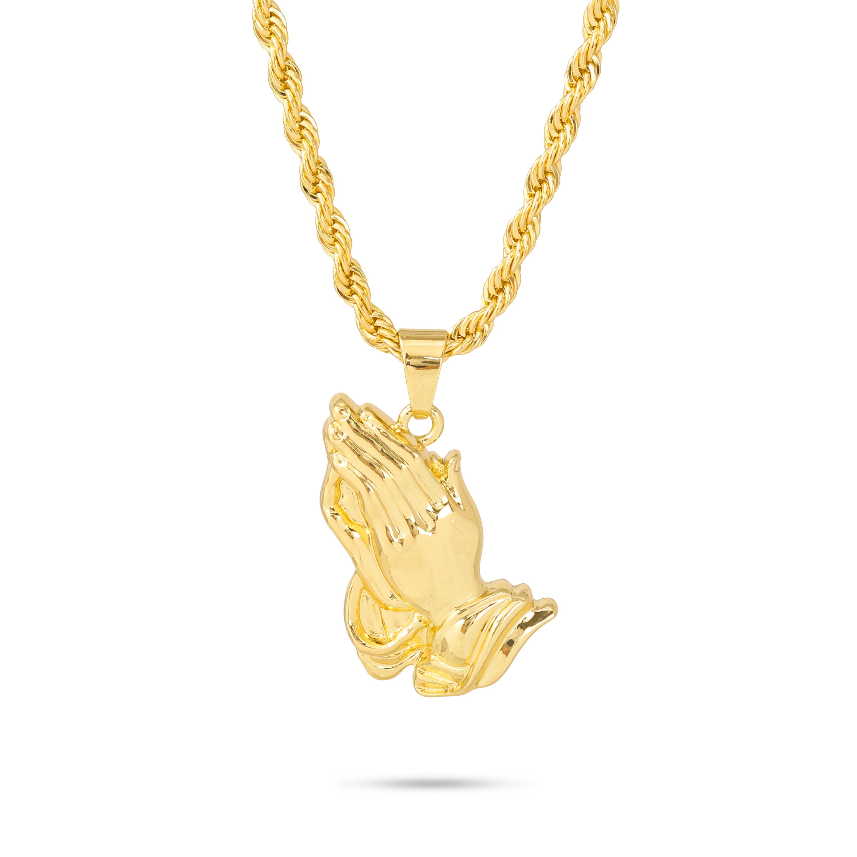 Gold praying hands pendant for men shown on a 4mm rope necklace with detailed religious styling.”