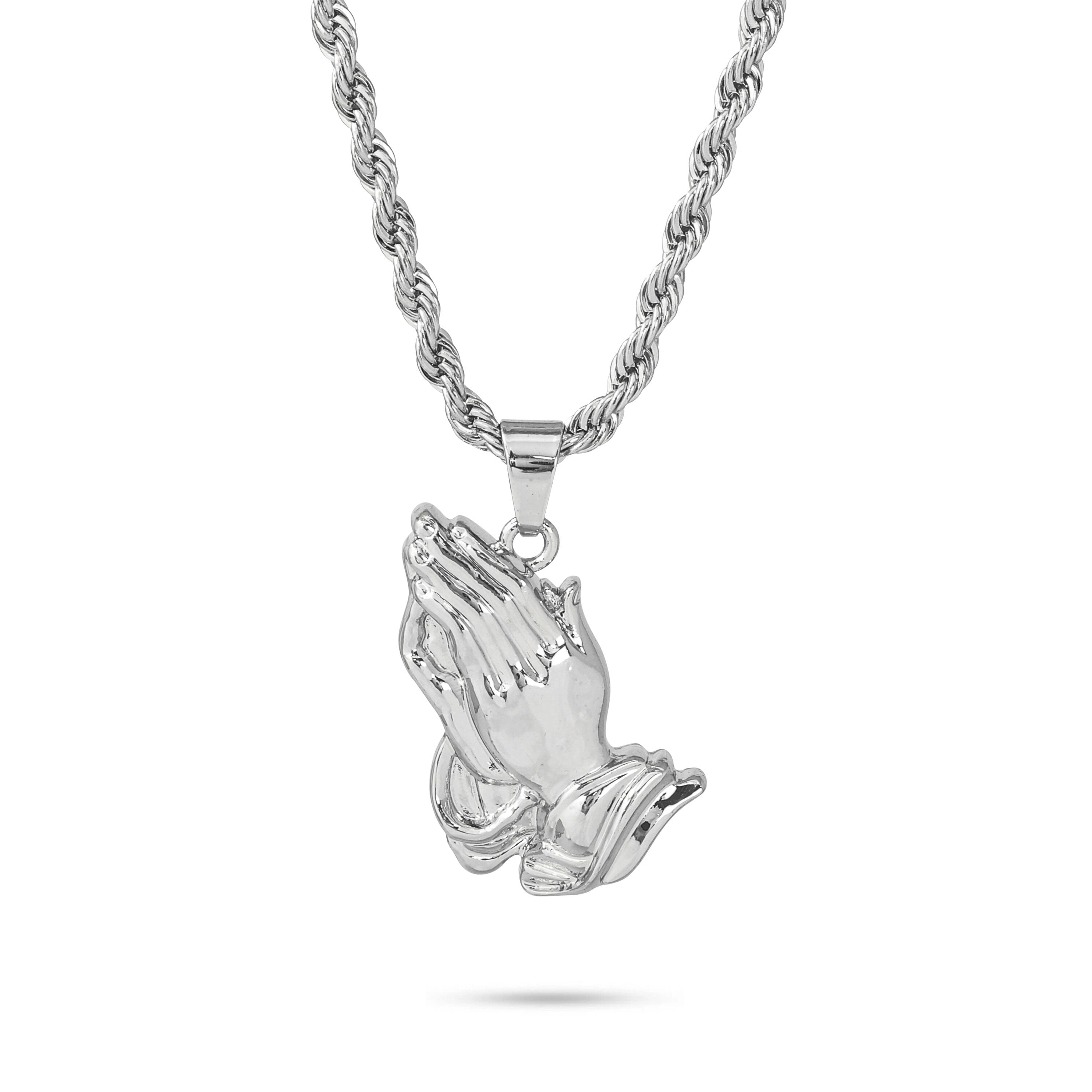 Silver praying hands pendant for men on a 4mm rope necklace featuring polished religious detailing