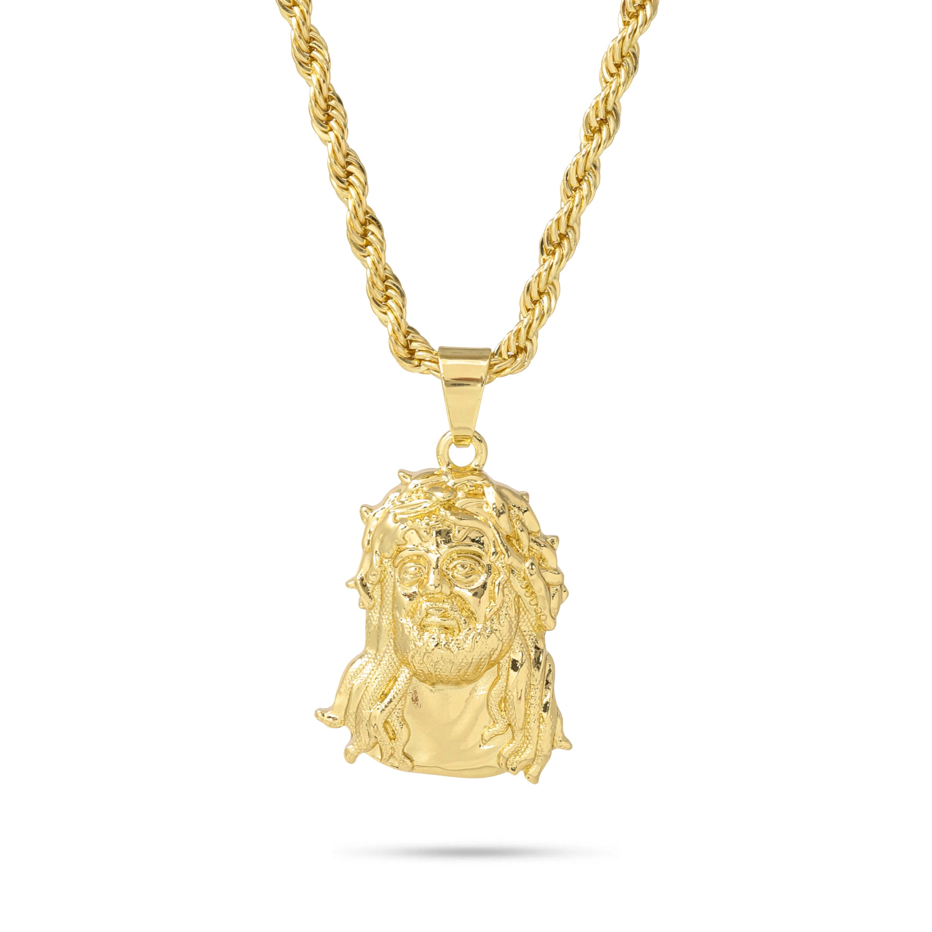 Gold Jesus pendant for men with braided hair and crown detail shown on a 4mm rope chain.