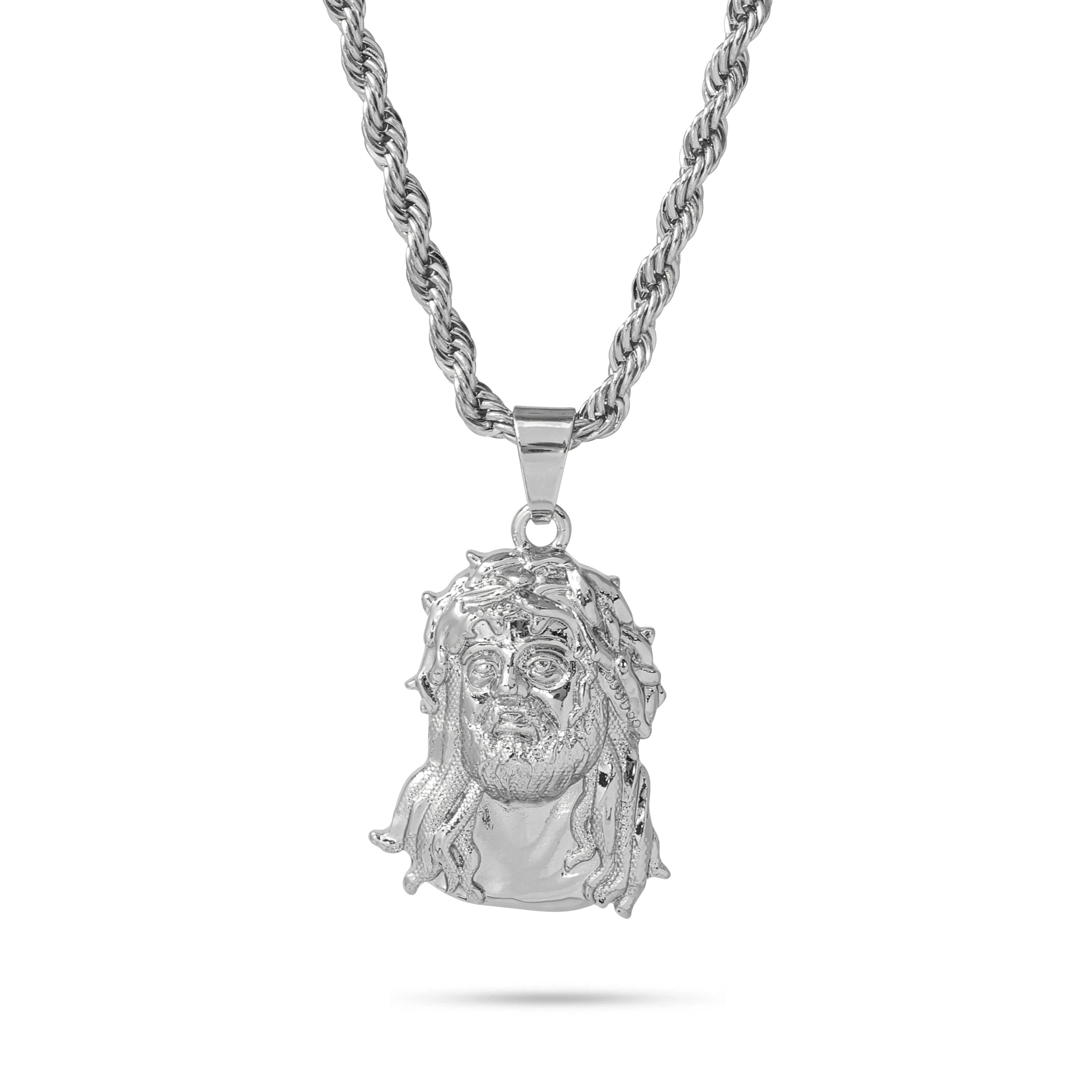 Silver Jesus pendant for men on a 4mm rope chain featuring detailed face, beard, and crown.