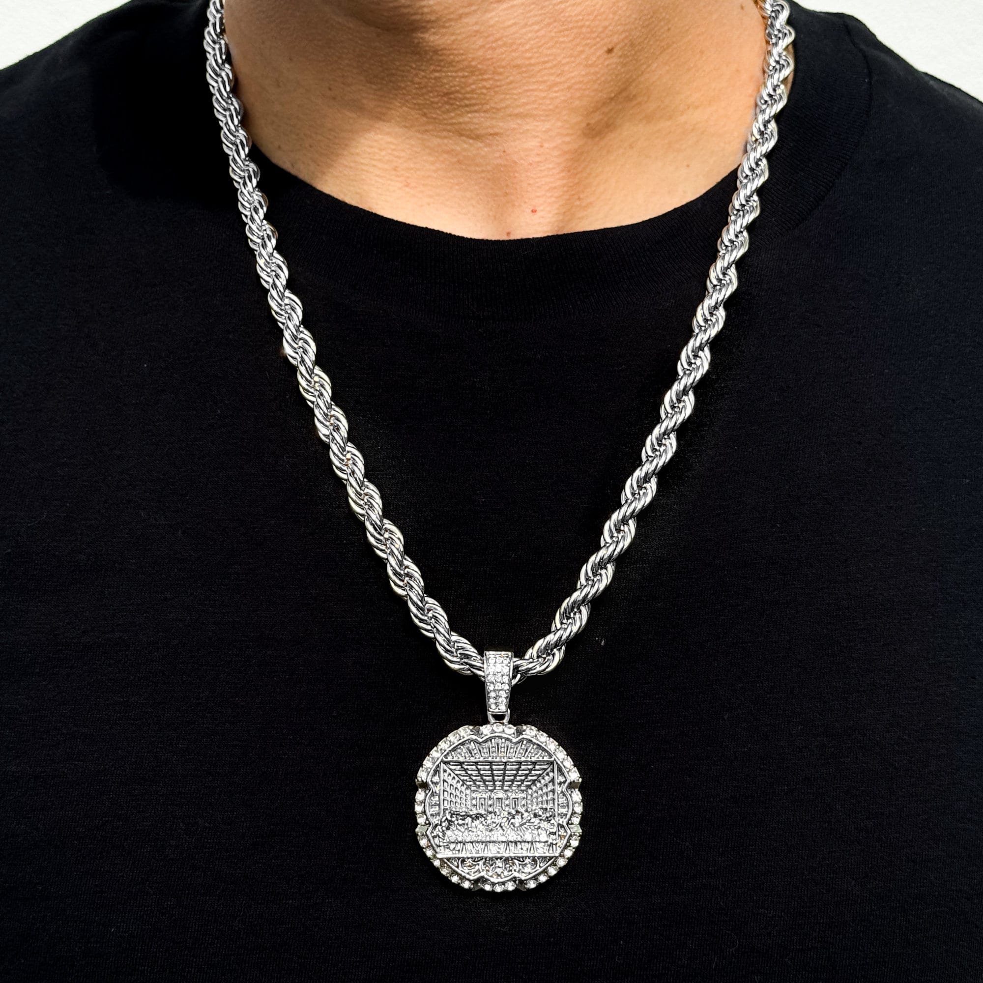 Silver Men's Large Iced Out Last Supper Pendant with 8mm rope chain, detailed round medallion.