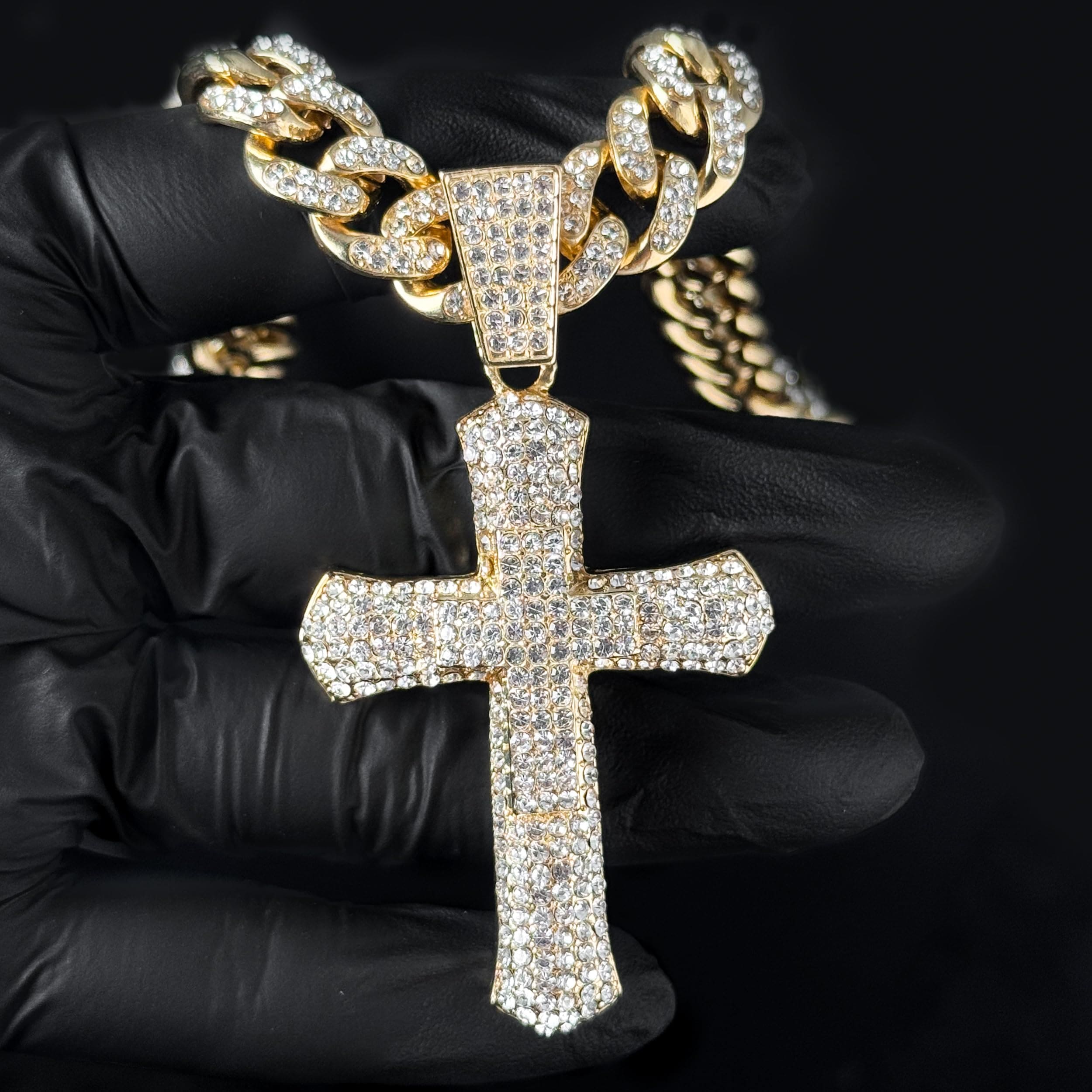 Large Iced Out Cross Pendant with 12mm Cuban Chain