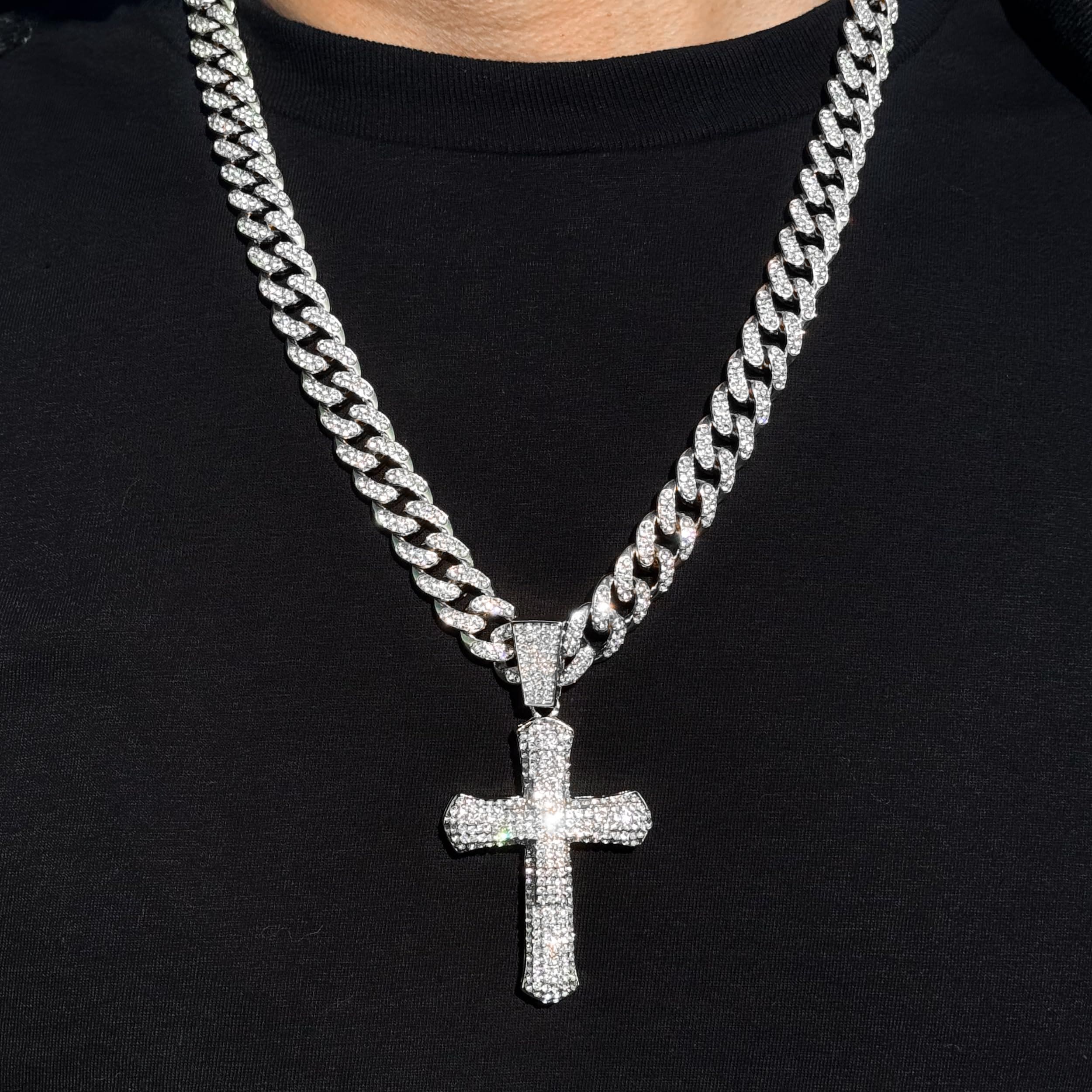 Large Iced Out Cross Pendant with 12mm Cuban Chain