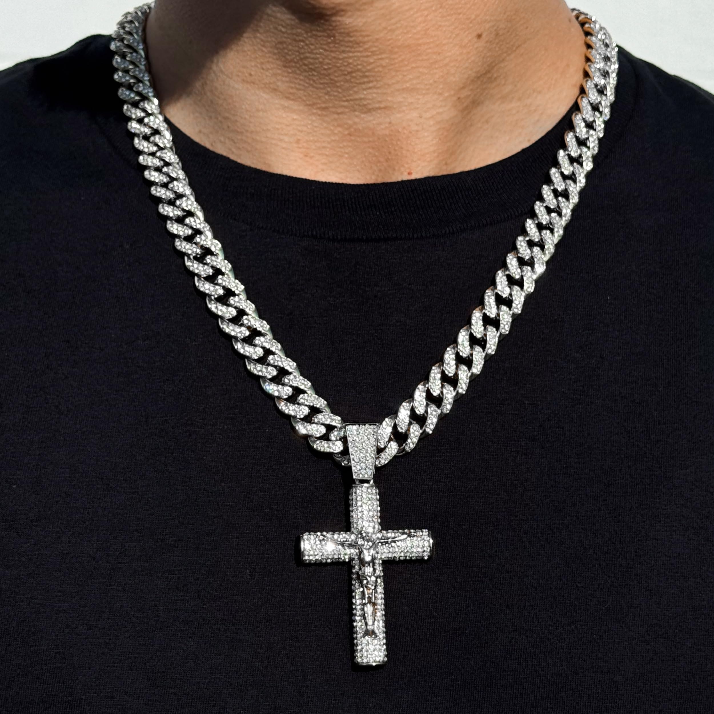 Large Iced Out Cross Pendant with 12mm Cuban Chain