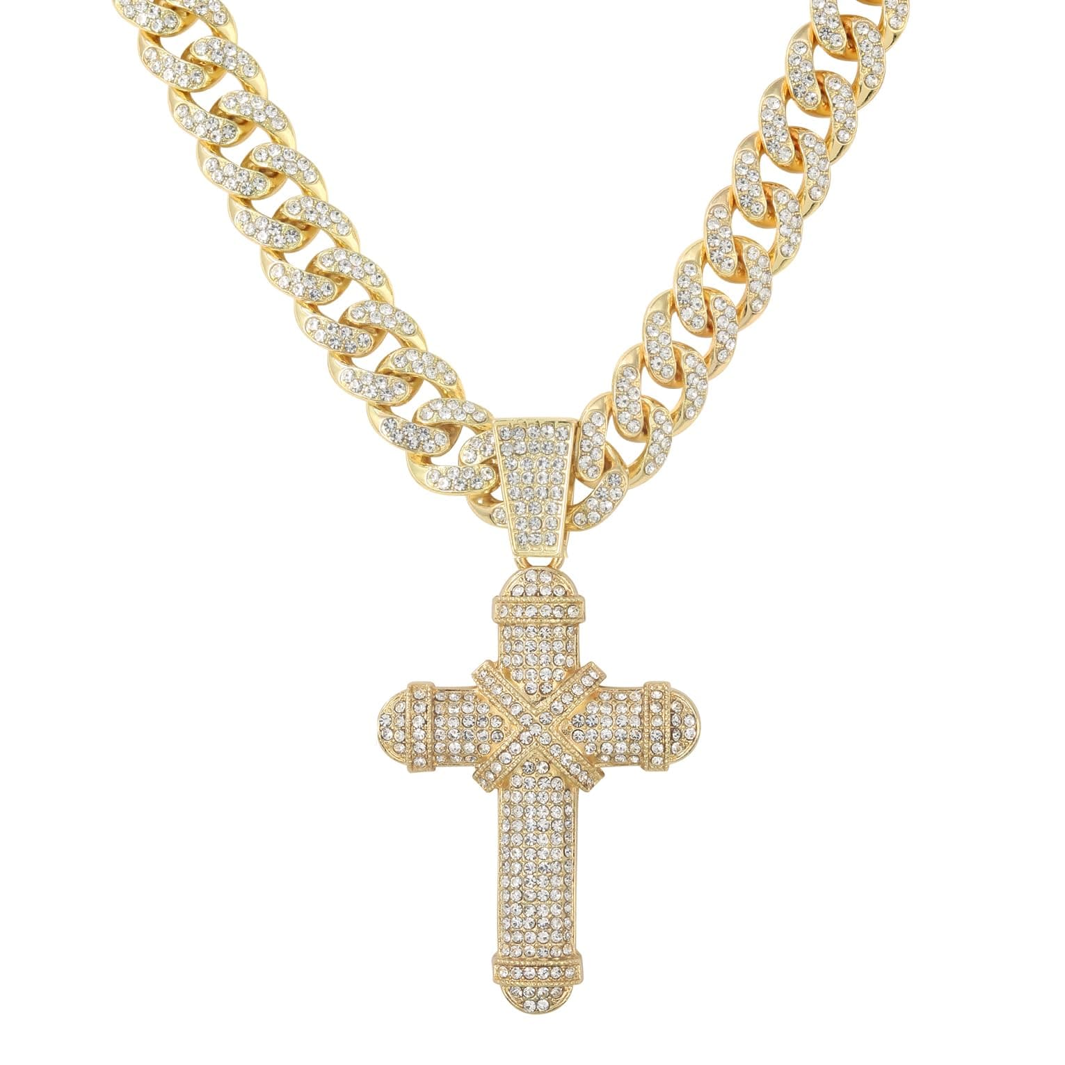 Large Iced Out Cross Pendant with 12mm Cuban Chain