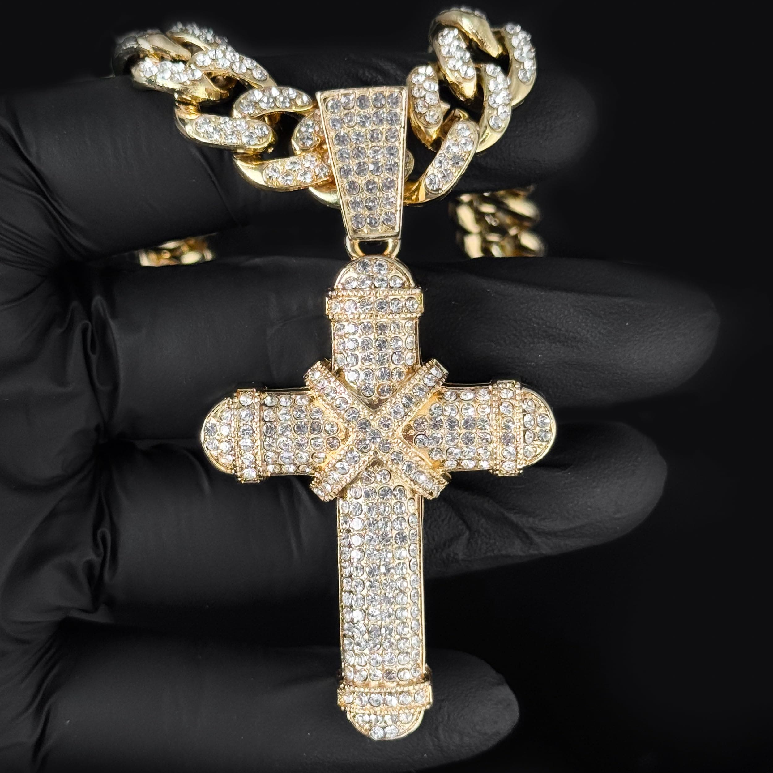 Large Iced Out Cross Pendant with 12mm Cuban Chain