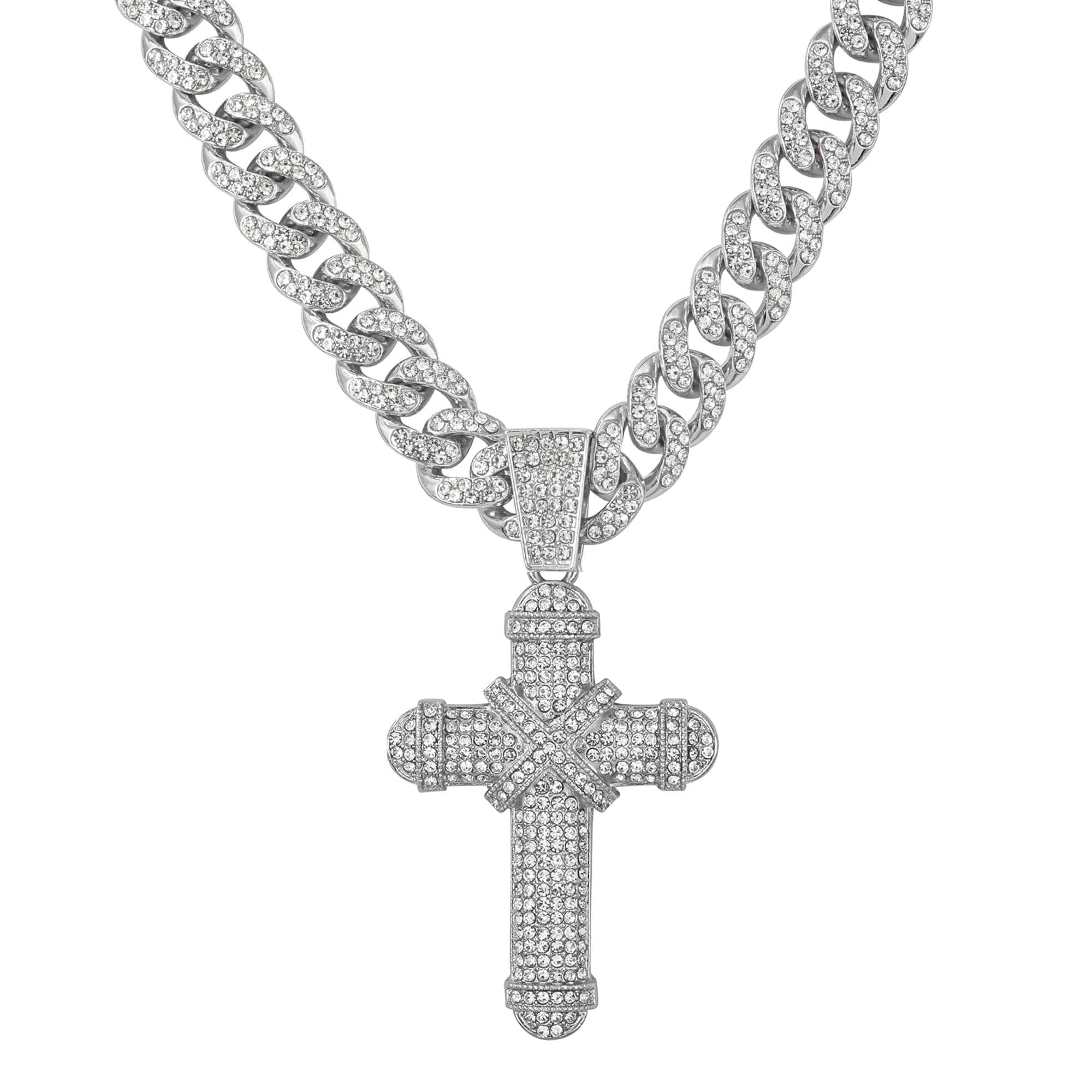 Large Iced Out Cross Pendant with 12mm Cuban Chain
