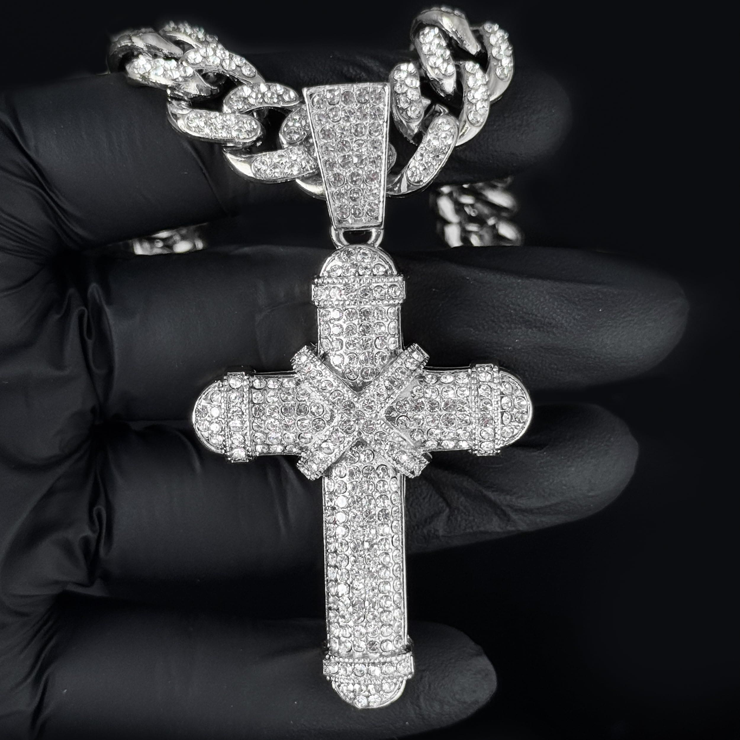 Large Iced Out Cross Pendant with 12mm Cuban Chain