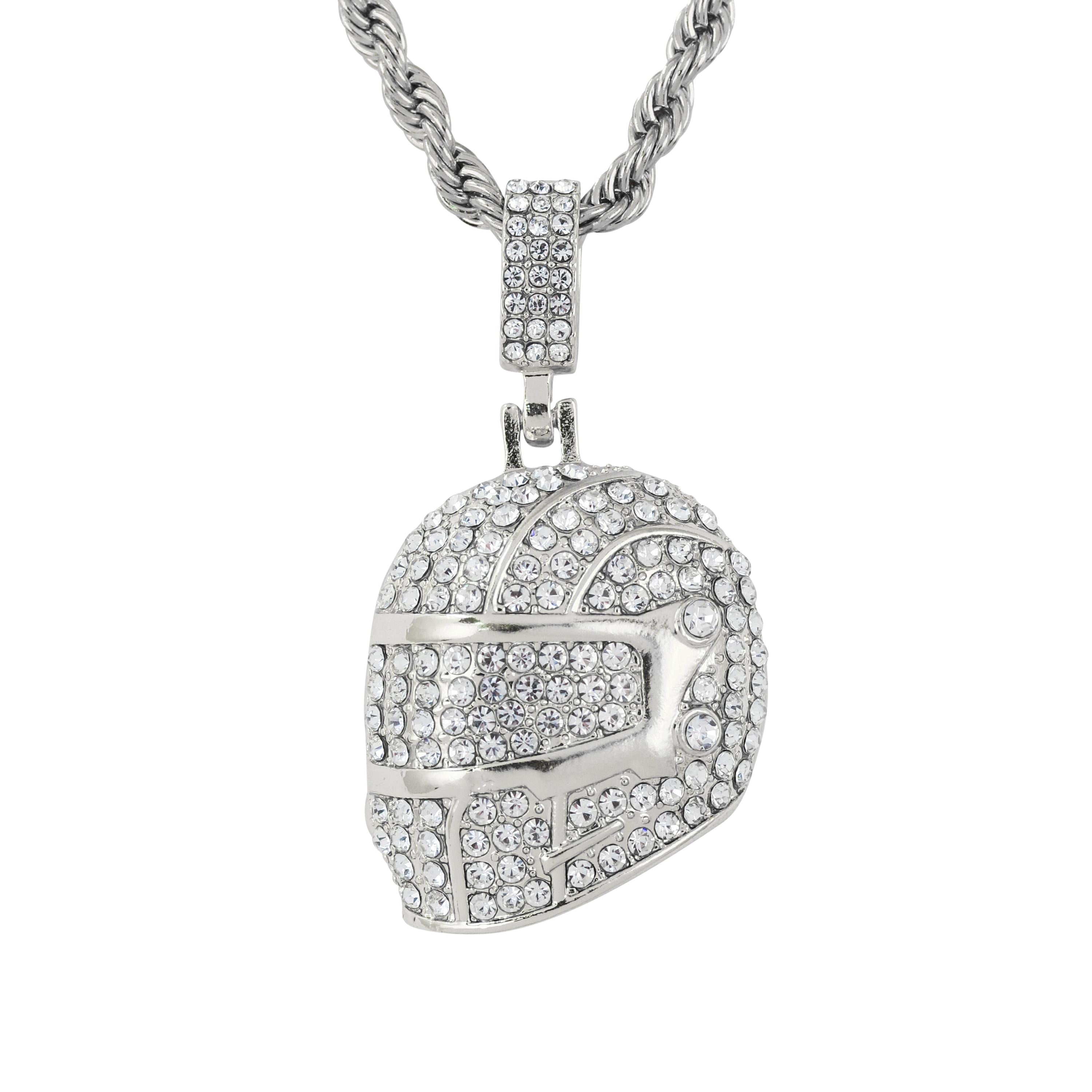 Silver iced out biker helmet pendant with clear stones on rope chain, luxury streetwear jewelry.