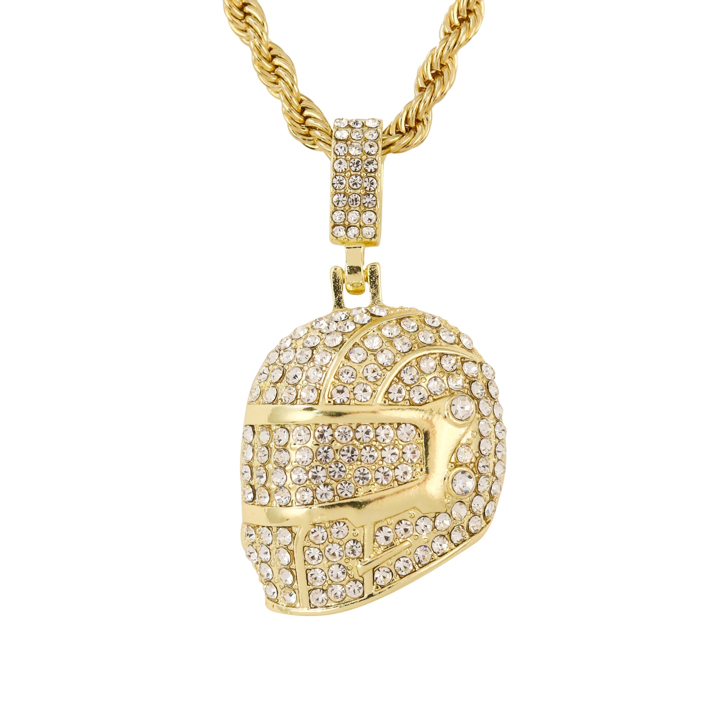 Gold iced out biker helmet pendant with handset stones on 4mm rope necklace for statement style.