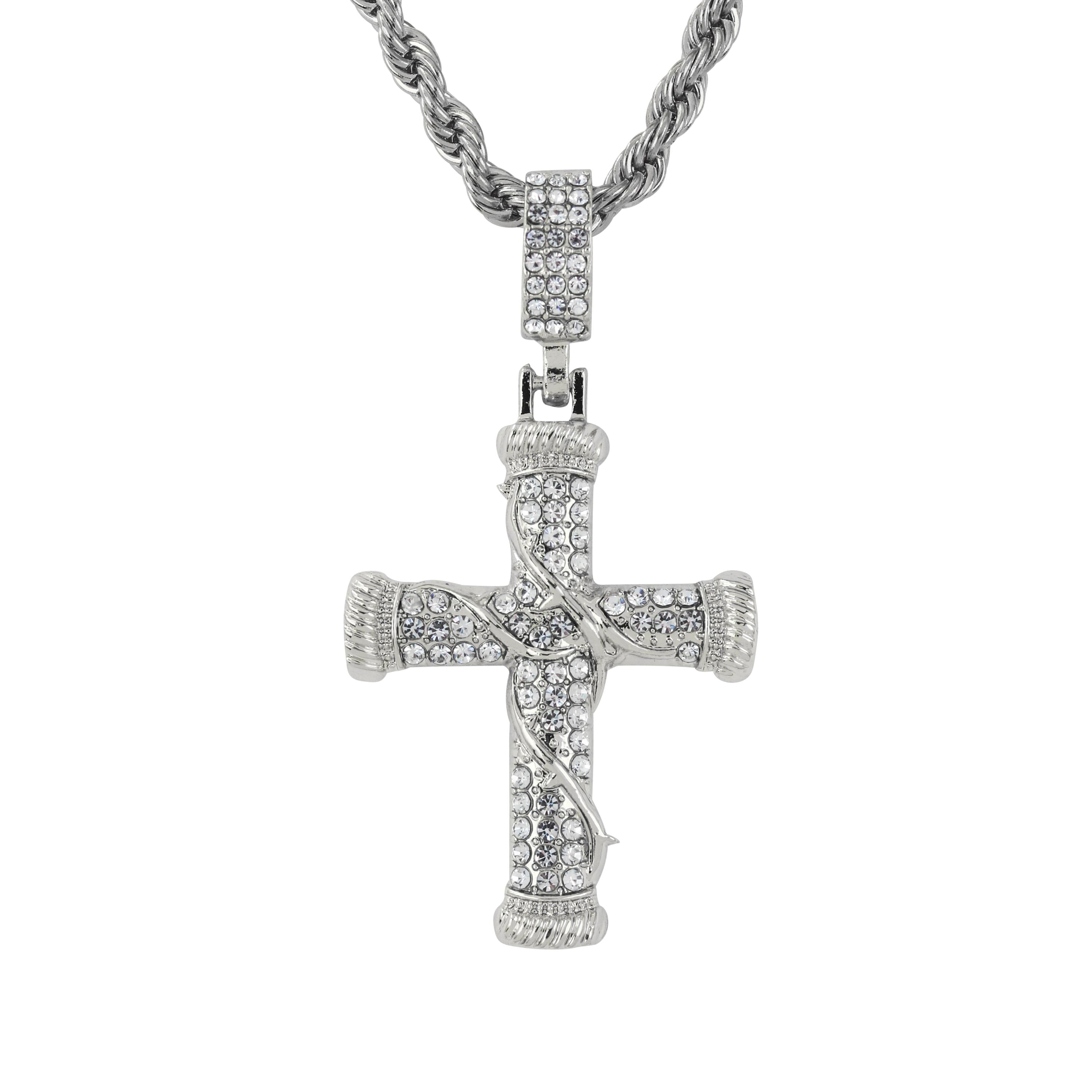 Silver Men's Iced Out Thorn Cross Pendant featuring crystal stones on rope chain.