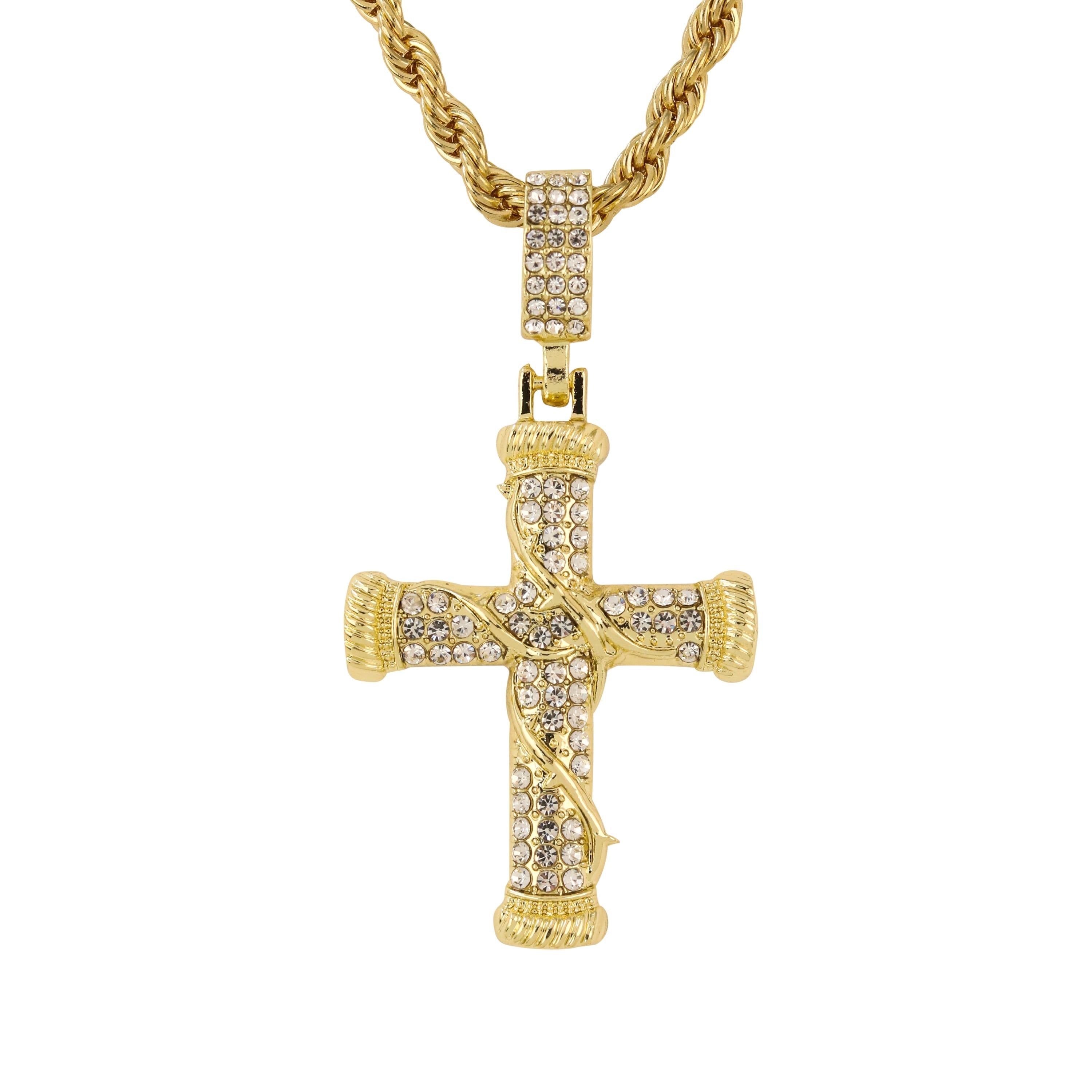 Gold Men's Iced Out Thorn Cross Pendant with shimmering stones on 4mm rope chain.