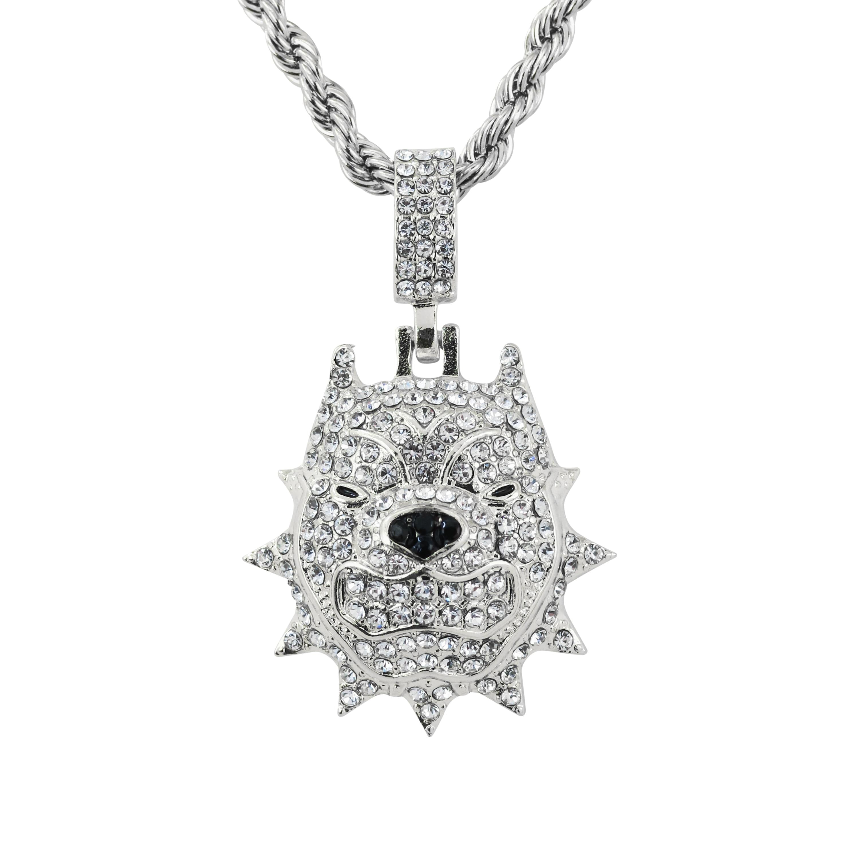 Silver iced out dog pendant featuring spiked face design and clear stones on rope chain.