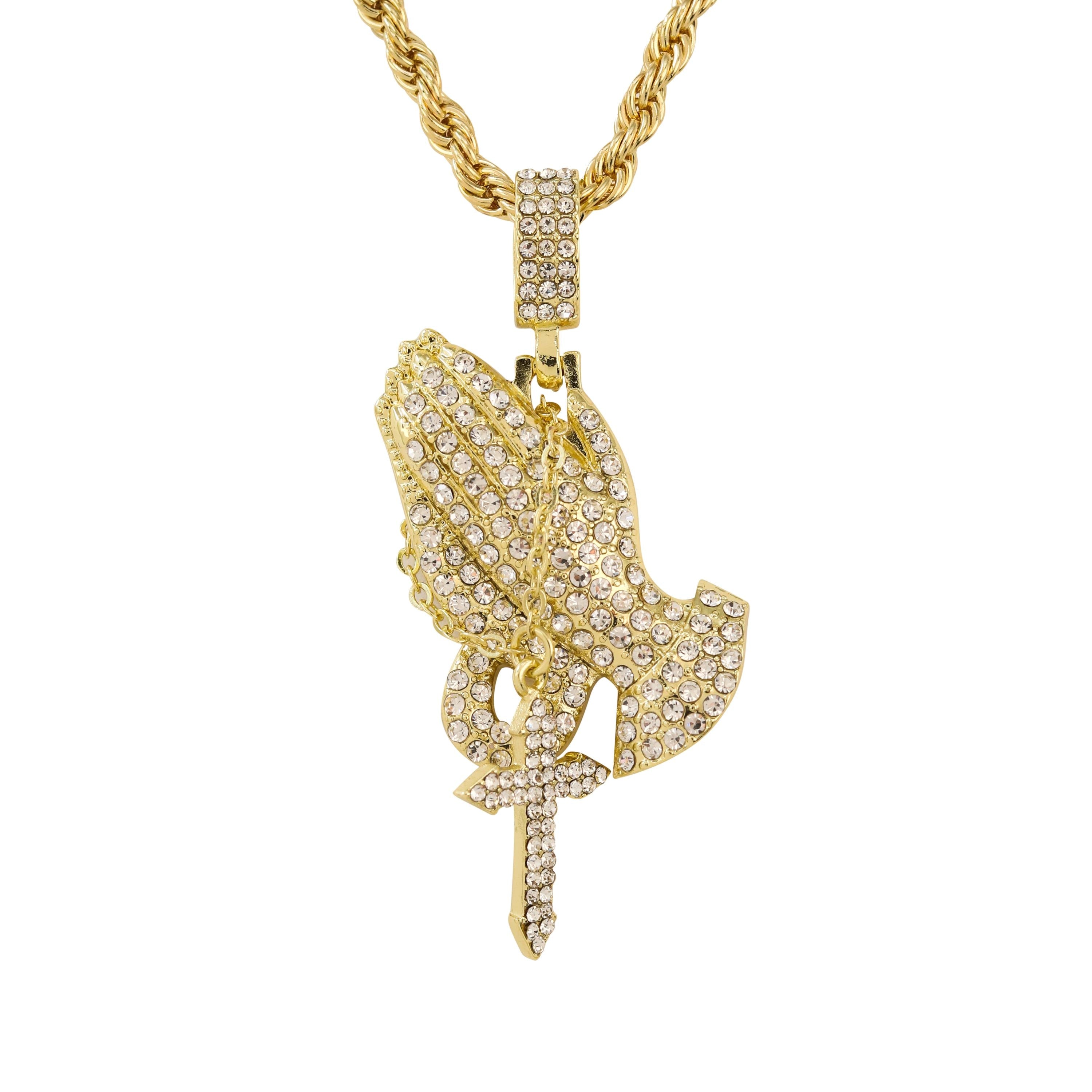 Gold Men's Iced Out Praying Hands Pendant with crystal-studded cross on 4mm rope chain.