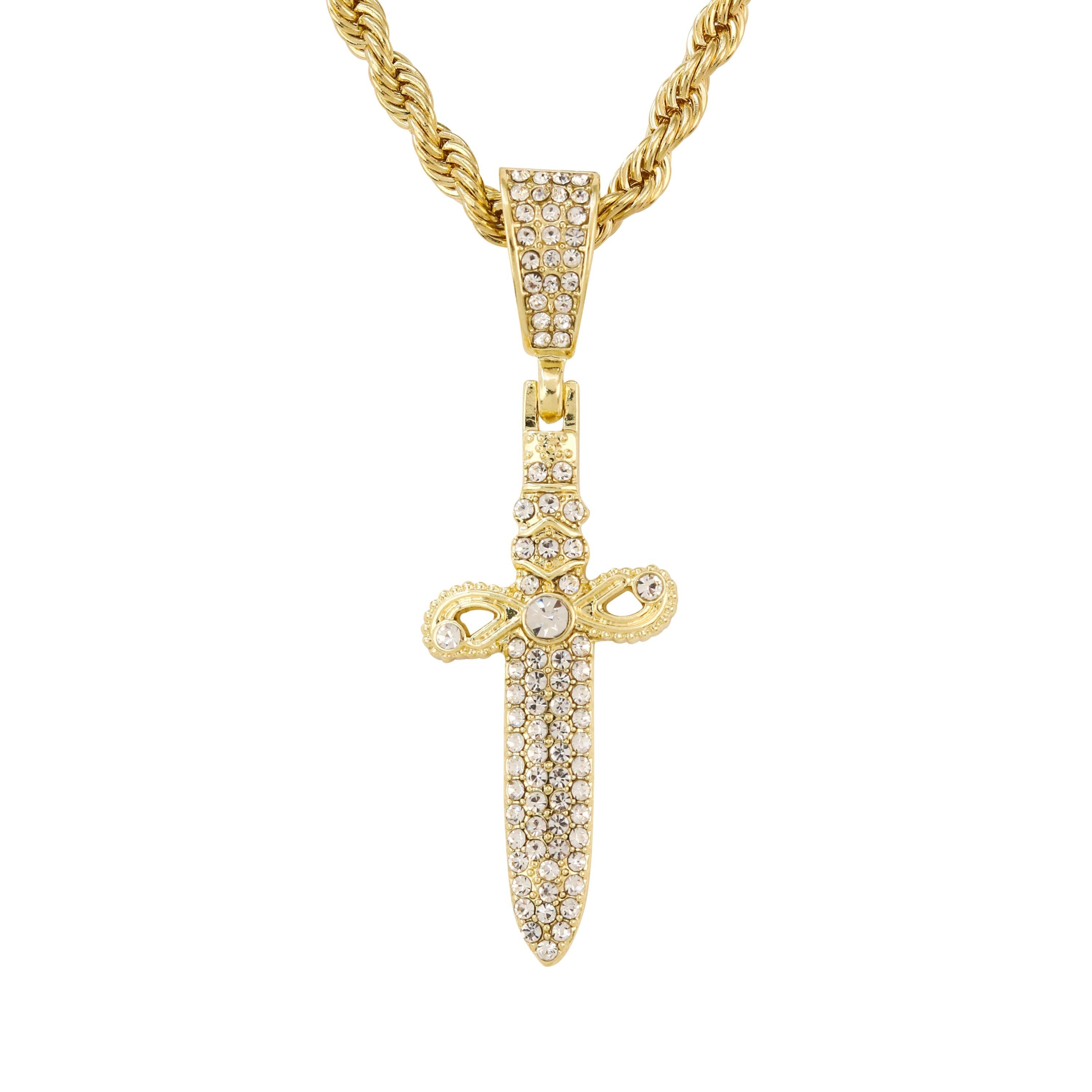 Gold Men's Iced Out Knife Pendant with 4mm Rope Necklace shown close-up with fully iced blade design.