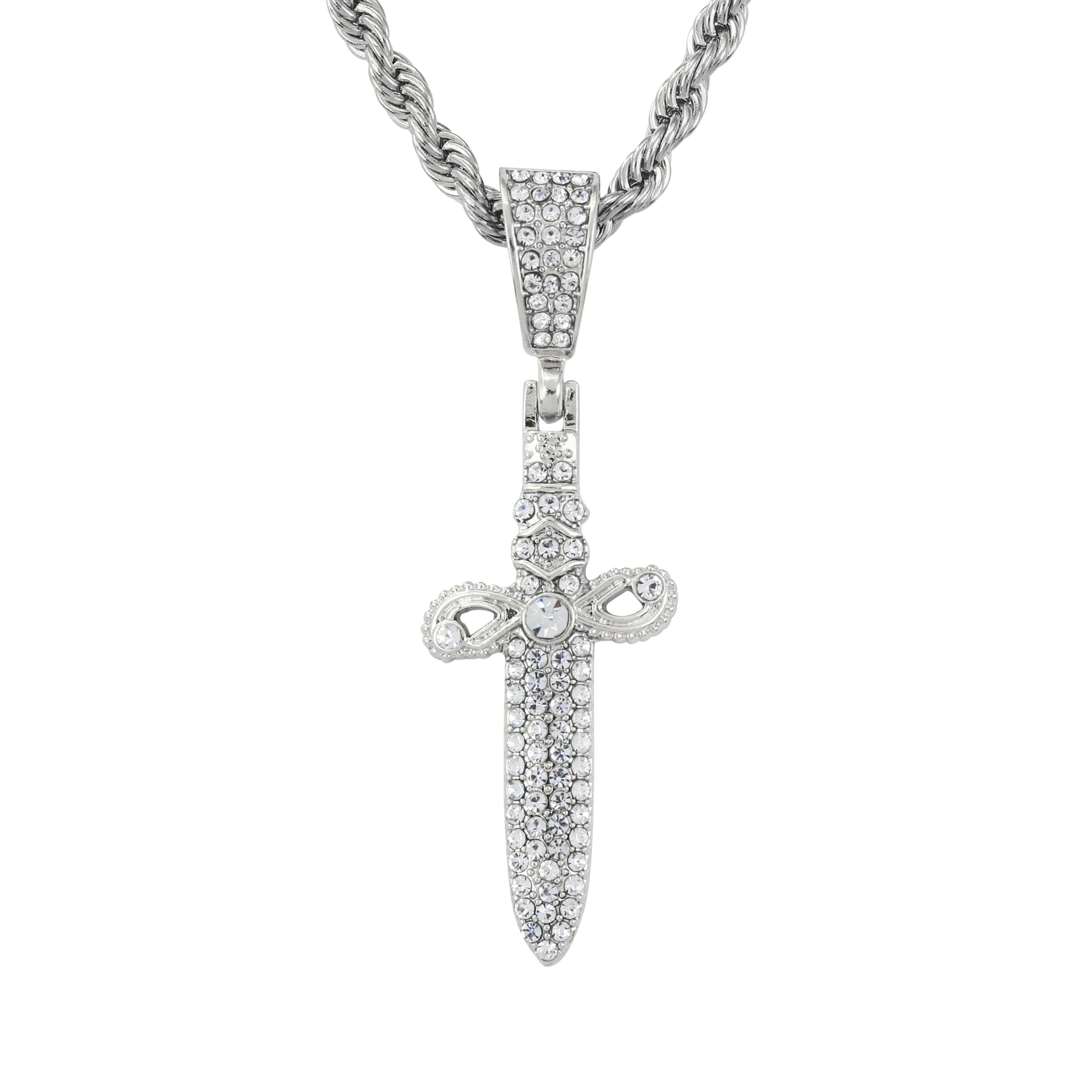 Silver Men's Iced Out Knife Pendant with 4mm Rope Necklace featuring crystal-studded dagger design.