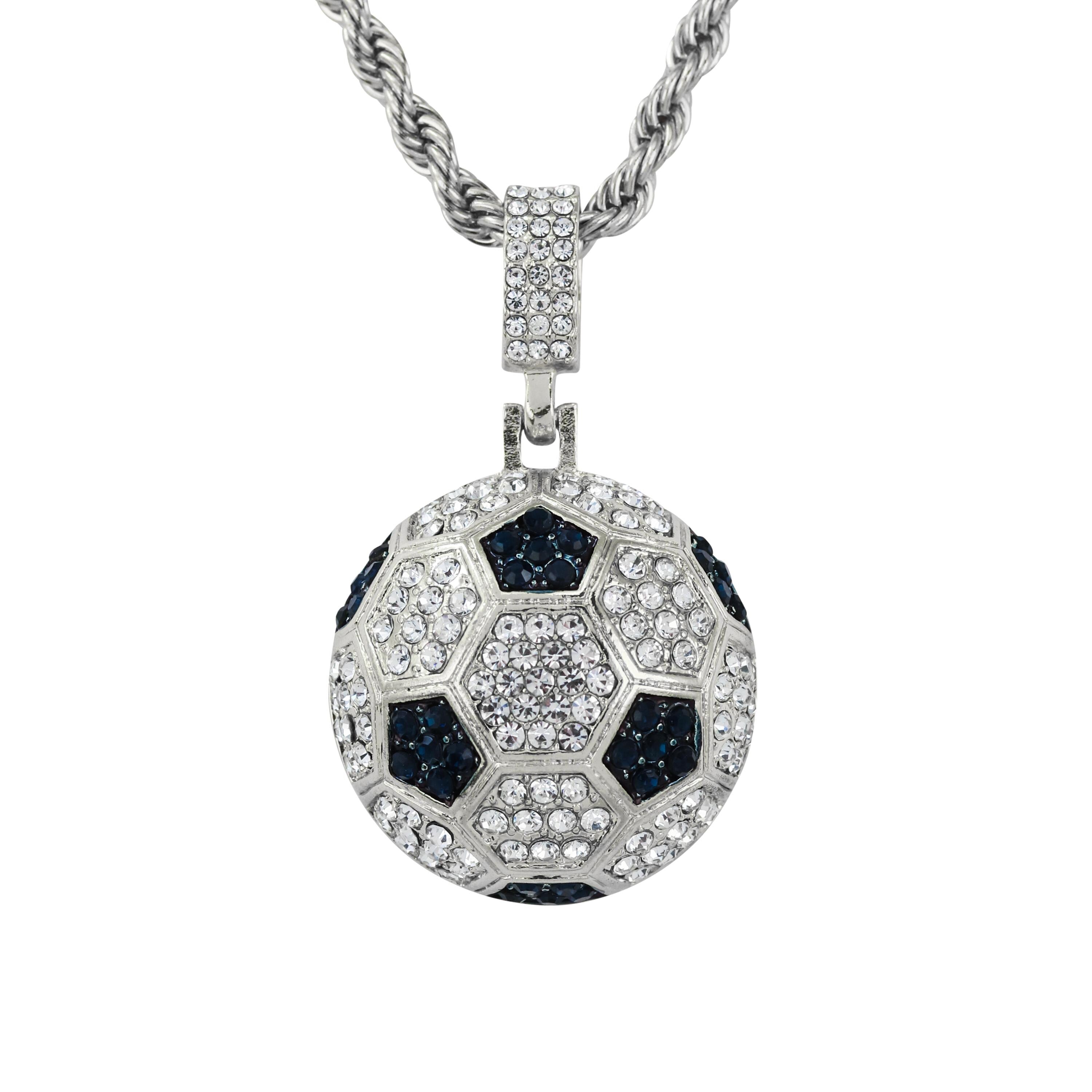 Silver iced out soccer ball pendant with dark and clear stones on rope chain for sport lovers.