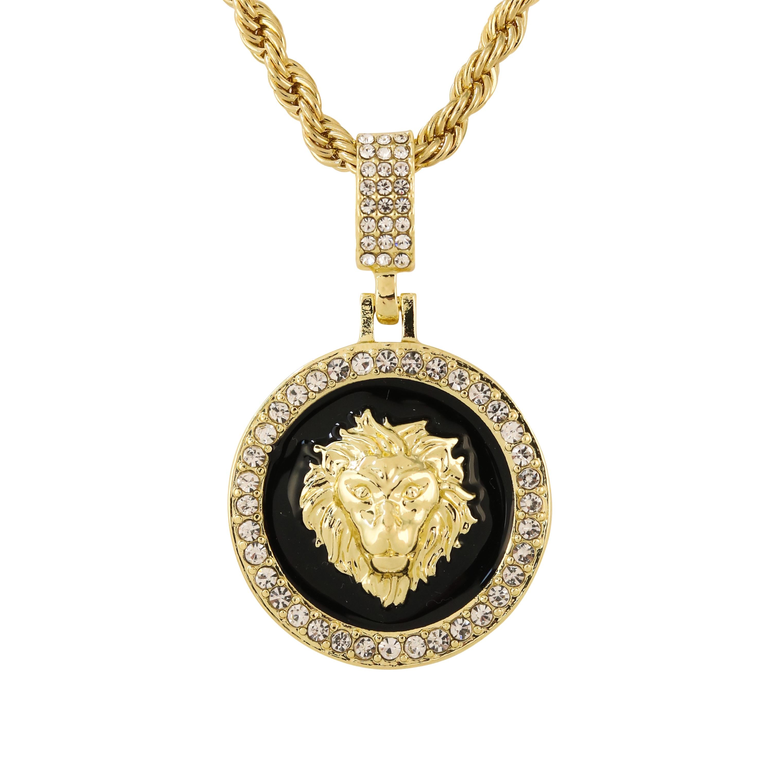 Men's gold lion medallion pendant on rope chain featuring black enamel and crystal-studded border