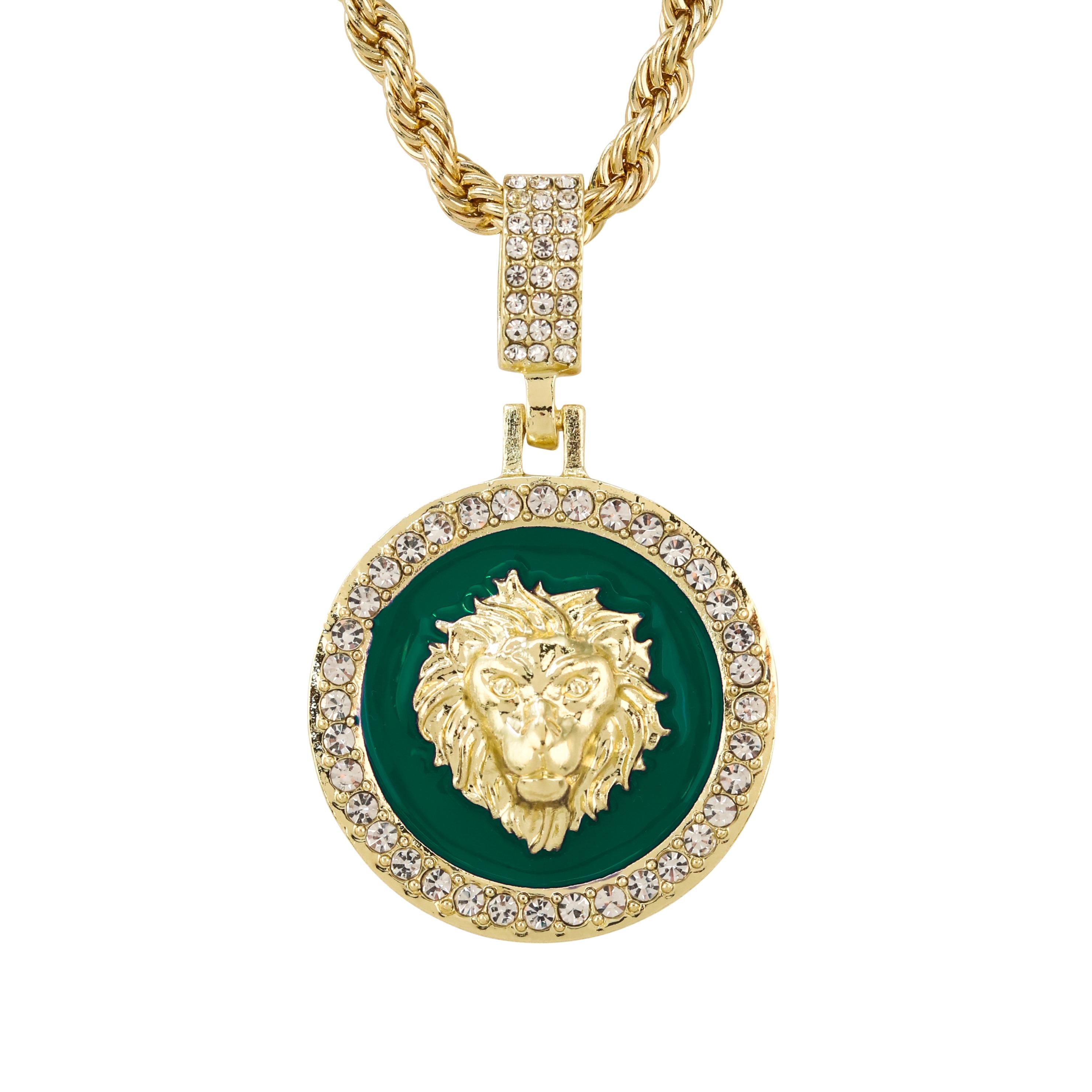 Men's 2-Piece Lion Medallion and Paisley Multi Necklace Set in Emerald Green