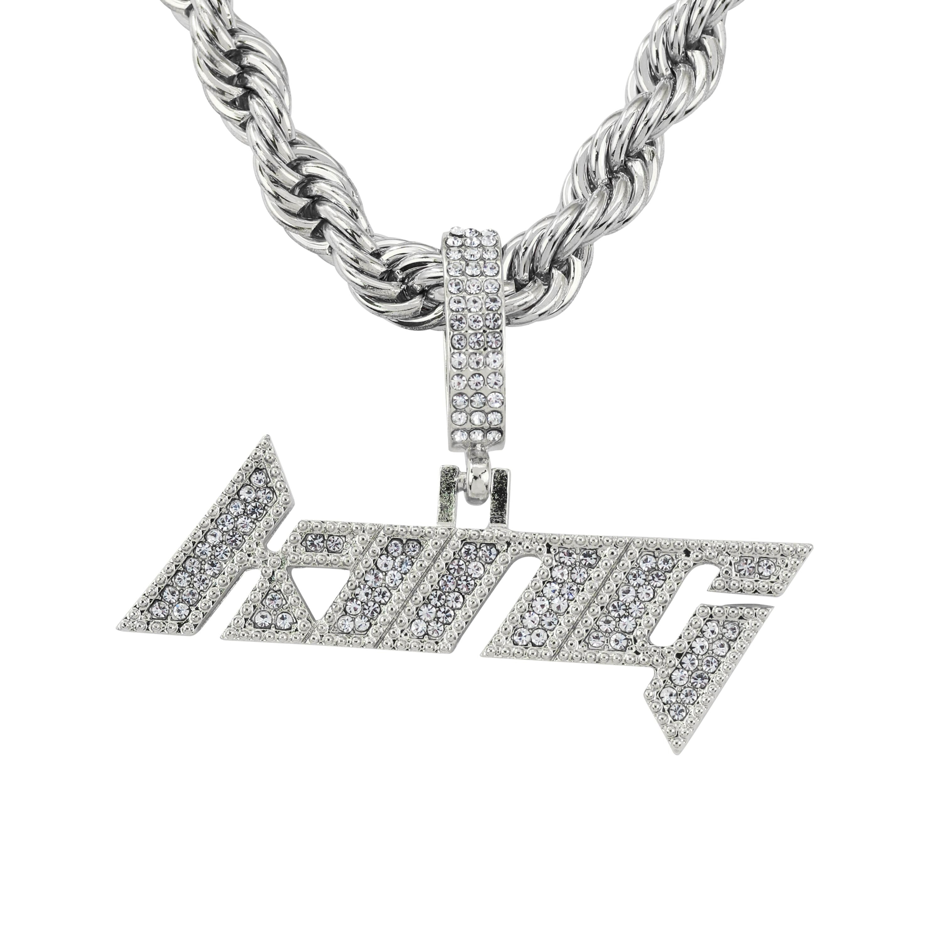 Silver iced out “King” pendant with sparkling stones on thick rope chain, men's jewelry.