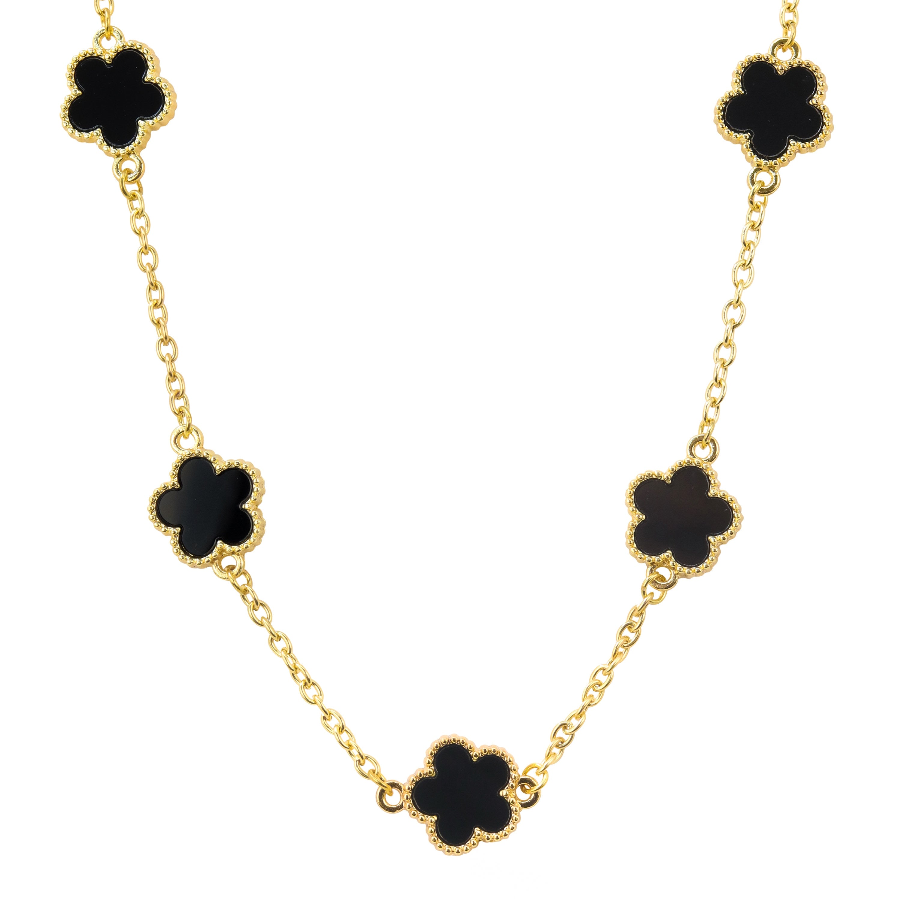 Men's 15mm 5-Leaf Clover Link Chain Necklace in polished gold featuring glossy black enamel clover charms.