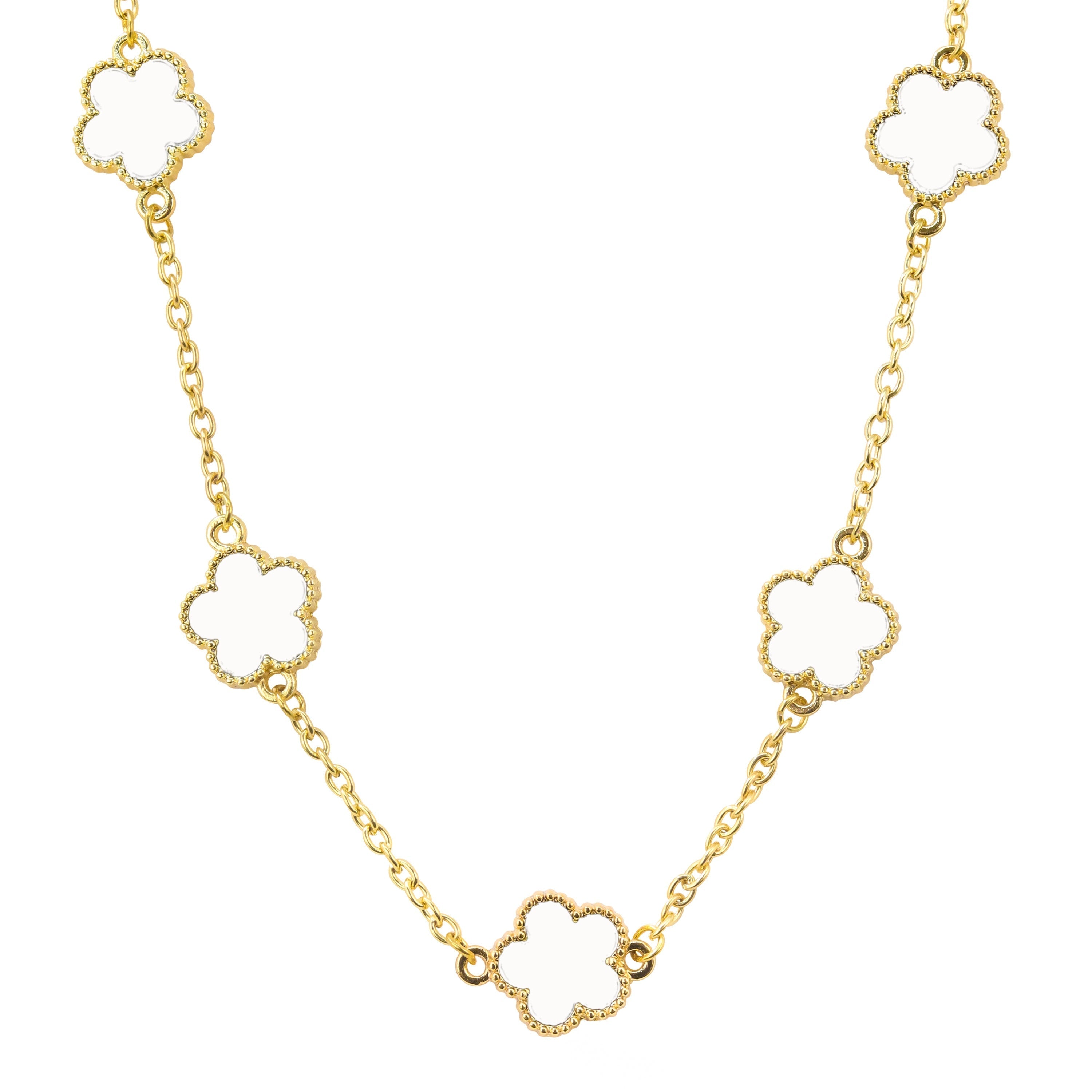 Men's 15mm 5-Leaf Clover Link Chain Necklace in gold finish featuring white enamel clover shaped charms.