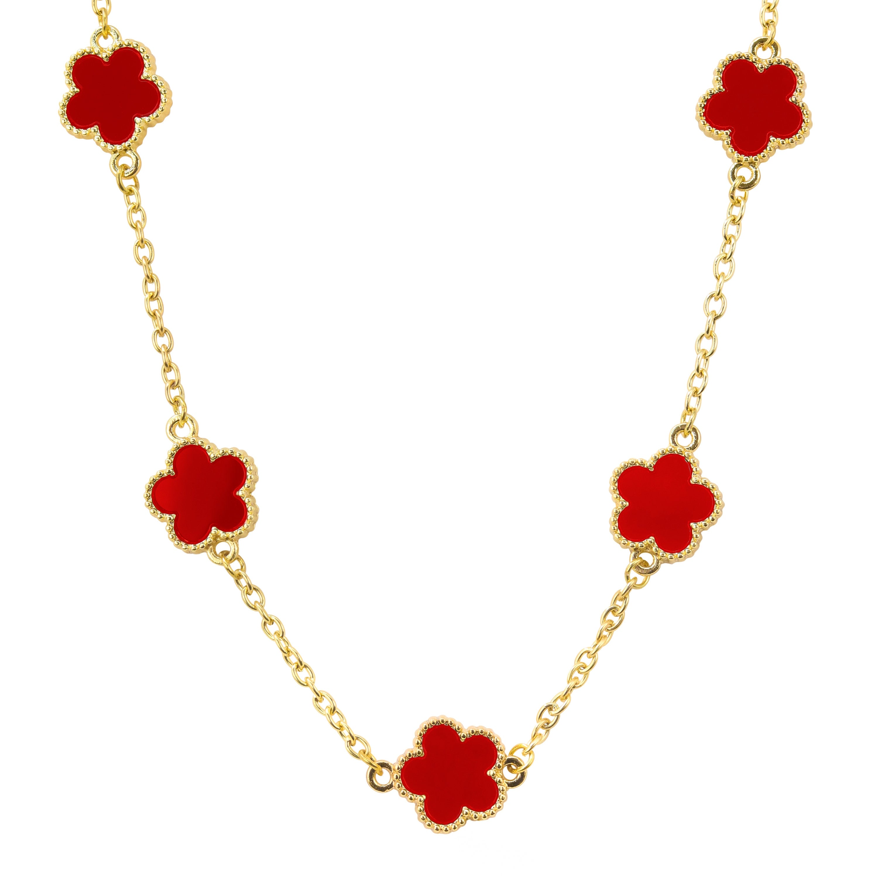 Men's 15mm 5-Leaf Clover Link Chain Necklace in gold featuring bold red enamel clover shaped charms.