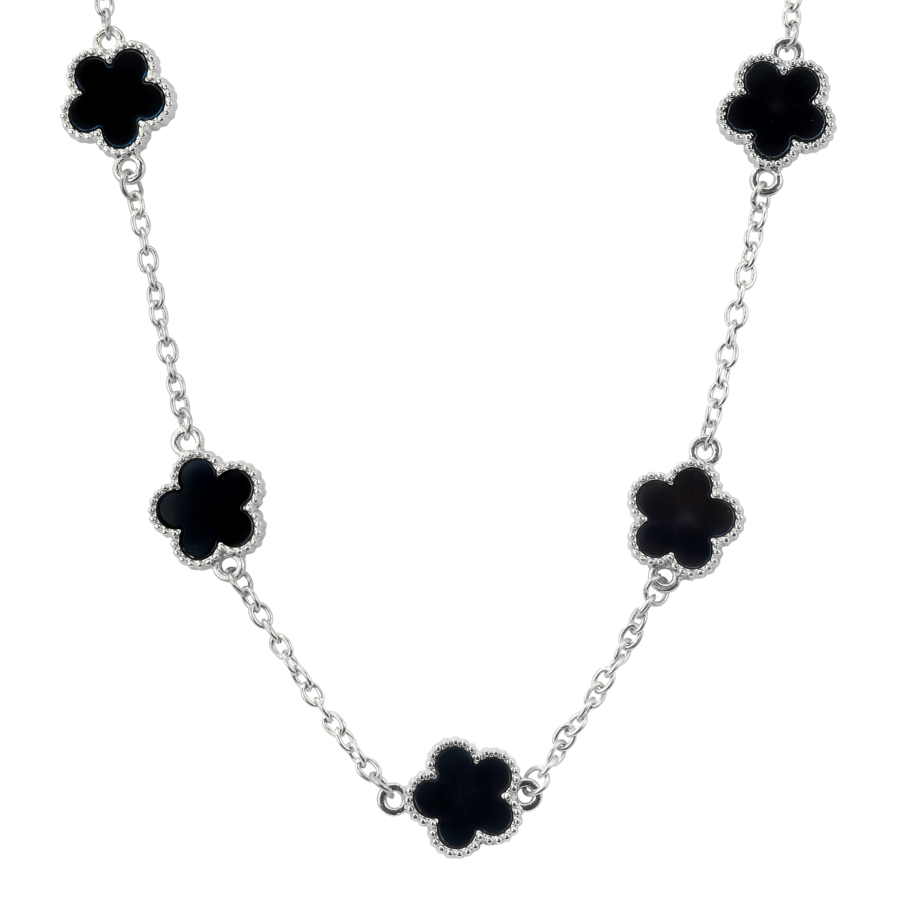 Men's 15mm 5-Leaf Clover Link Chain Necklace in polished silver featuring black enamel clover charms.