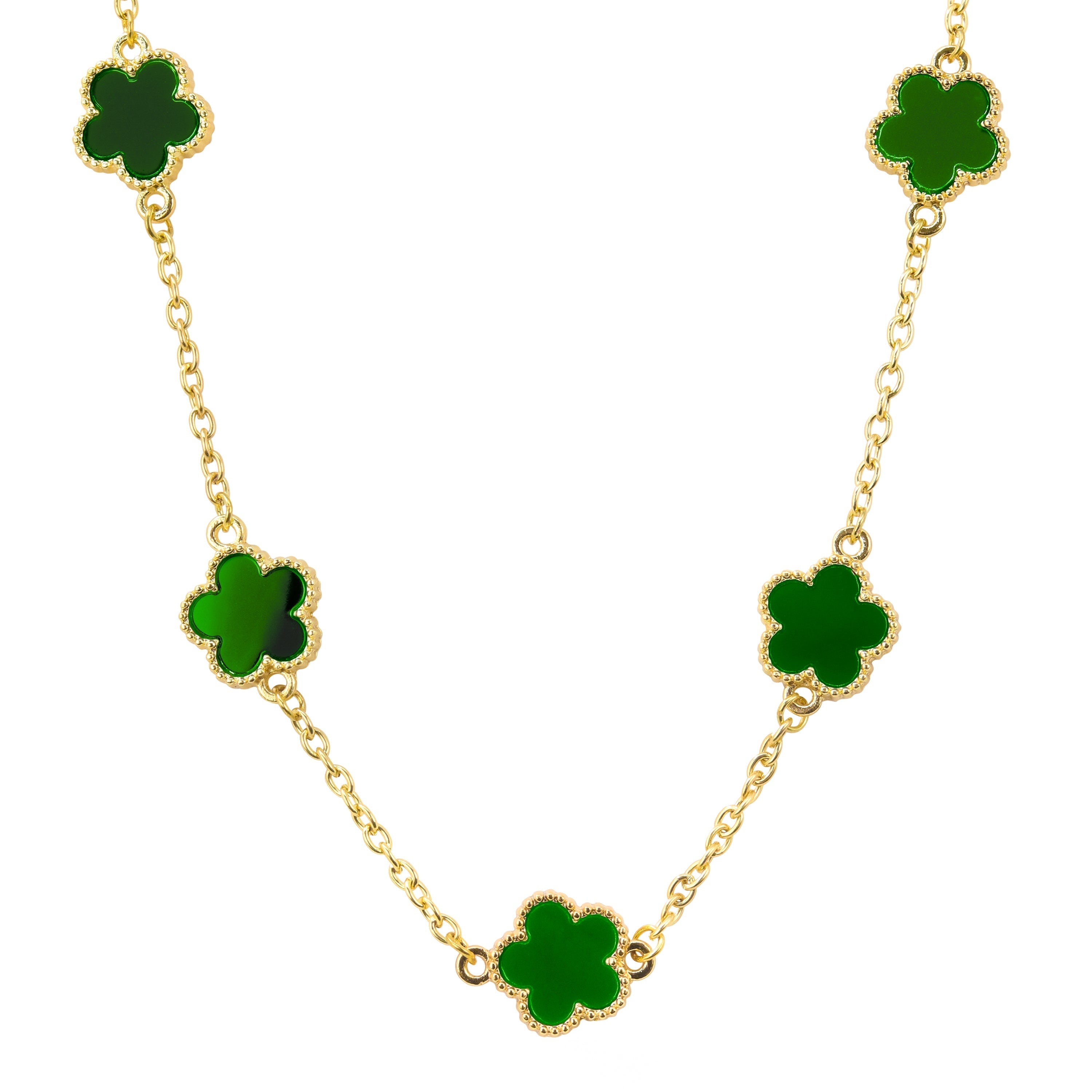 Men's 15mm 5-Leaf Clover Link Chain Necklace in polished gold with deep green enamel clover design charms.