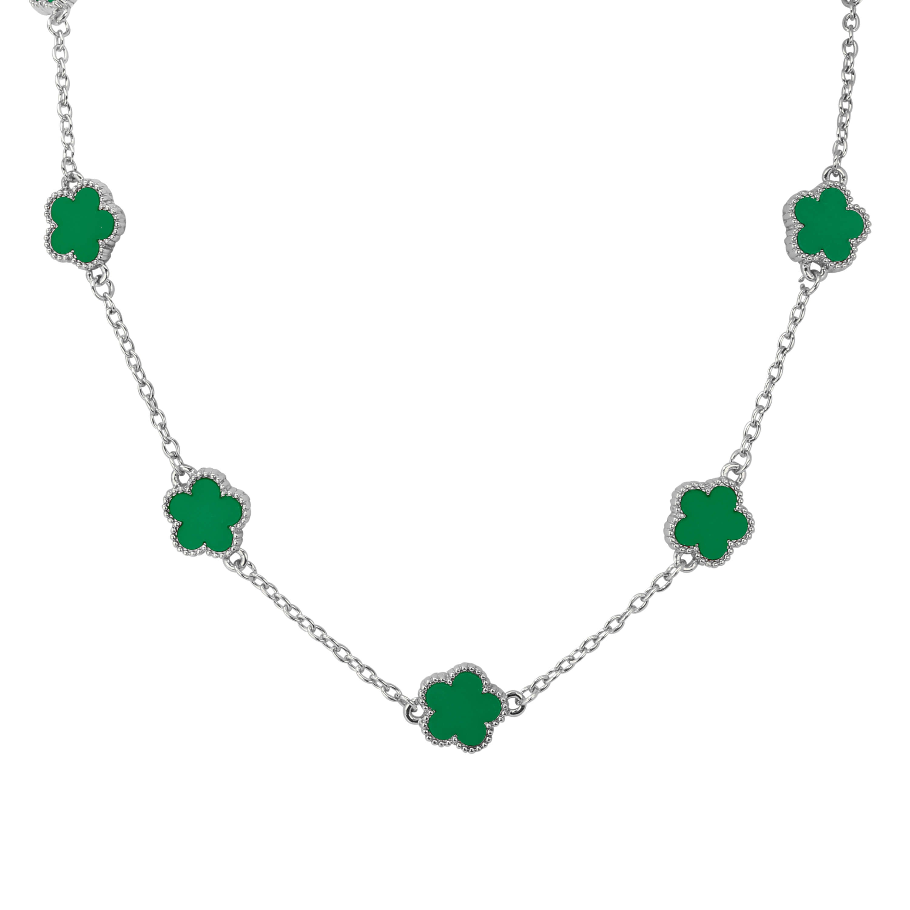 Men's 15mm 5-Leaf Clover Link Chain Necklace in polished silver with green enamel clover shaped charms.