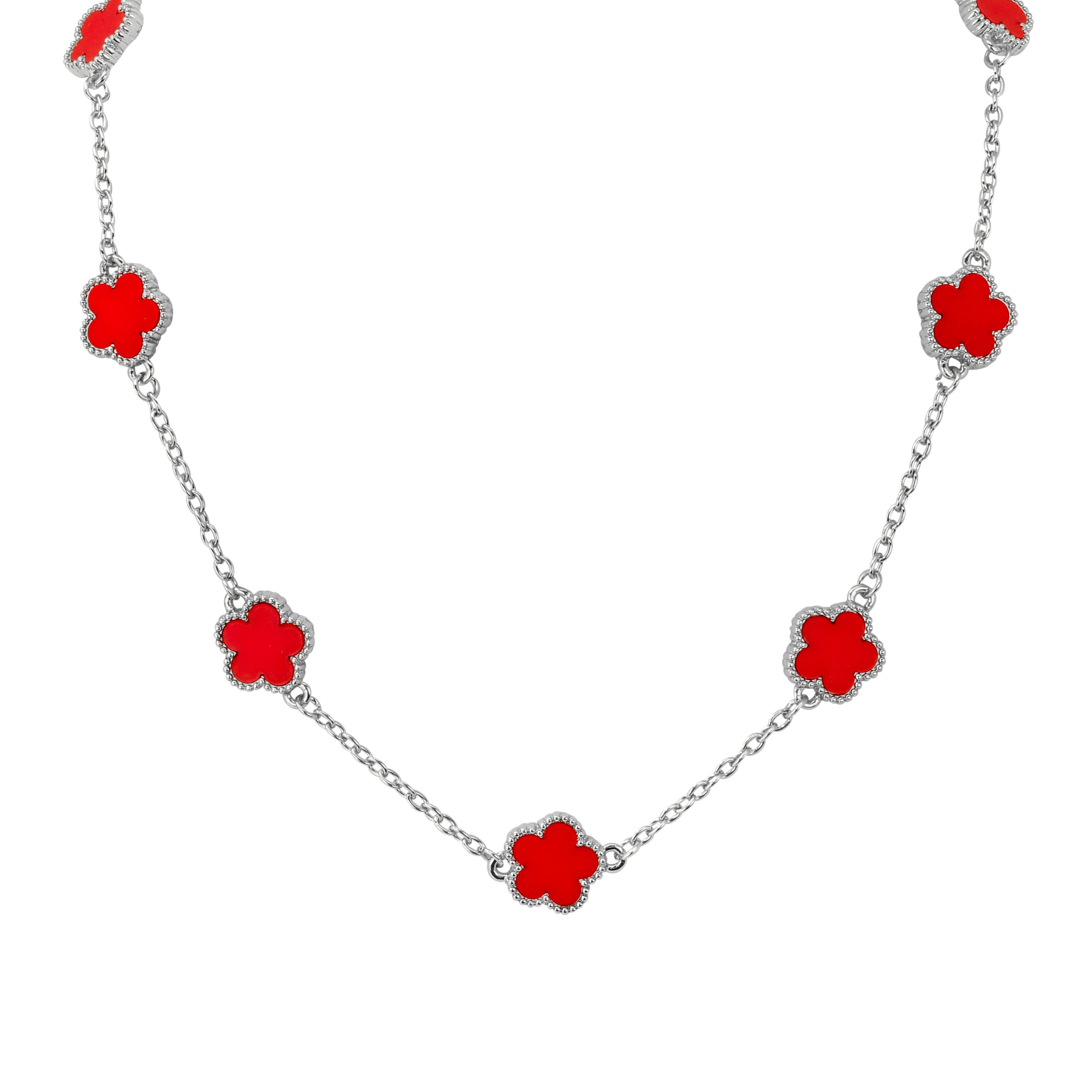 Men's 15mm 5-Leaf Clover Link Chain Necklace in silver finish featuring red enamel clover shaped charms.