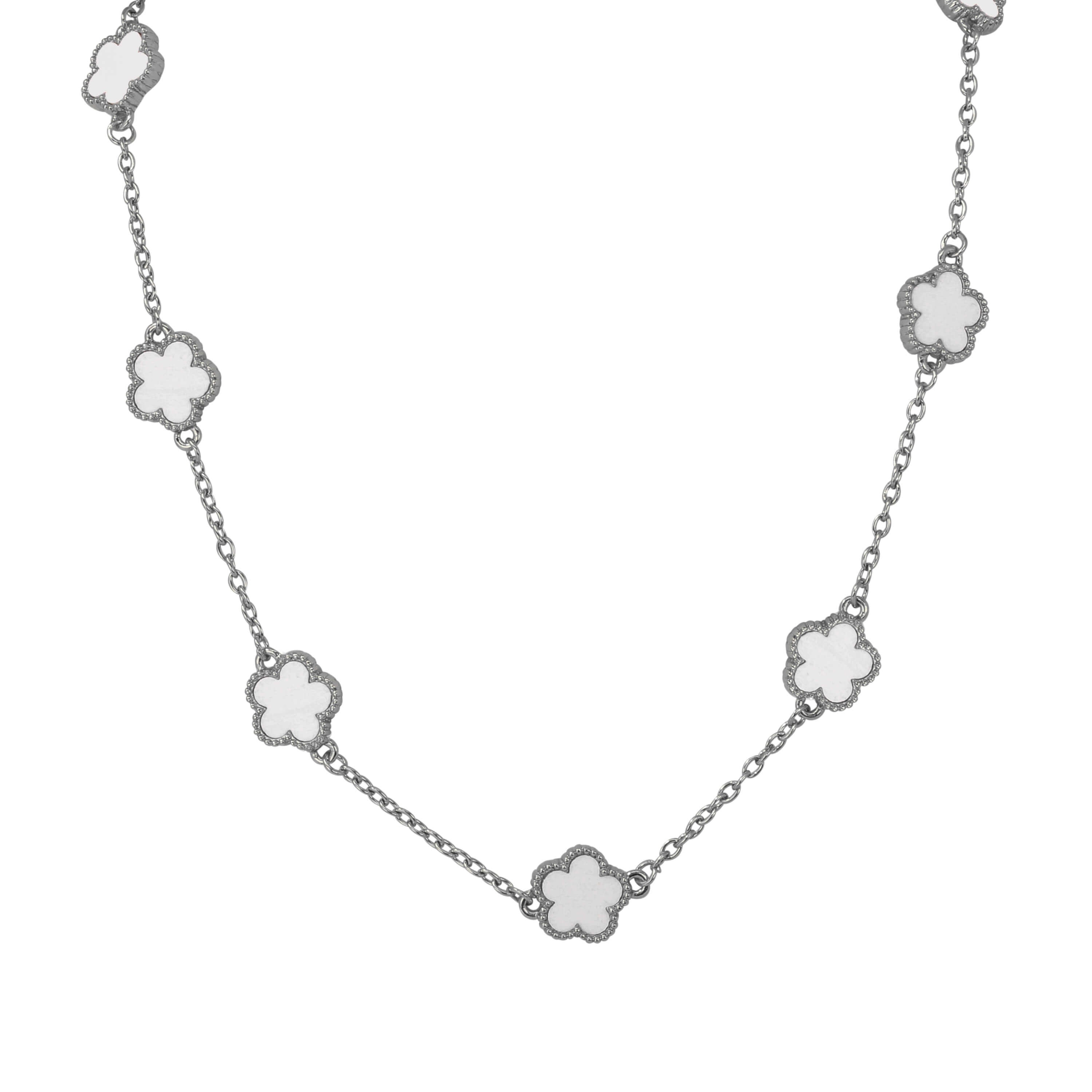 Men's 15mm 5-Leaf Clover Link Chain Necklace in polished silver with white enamel clover design charms.