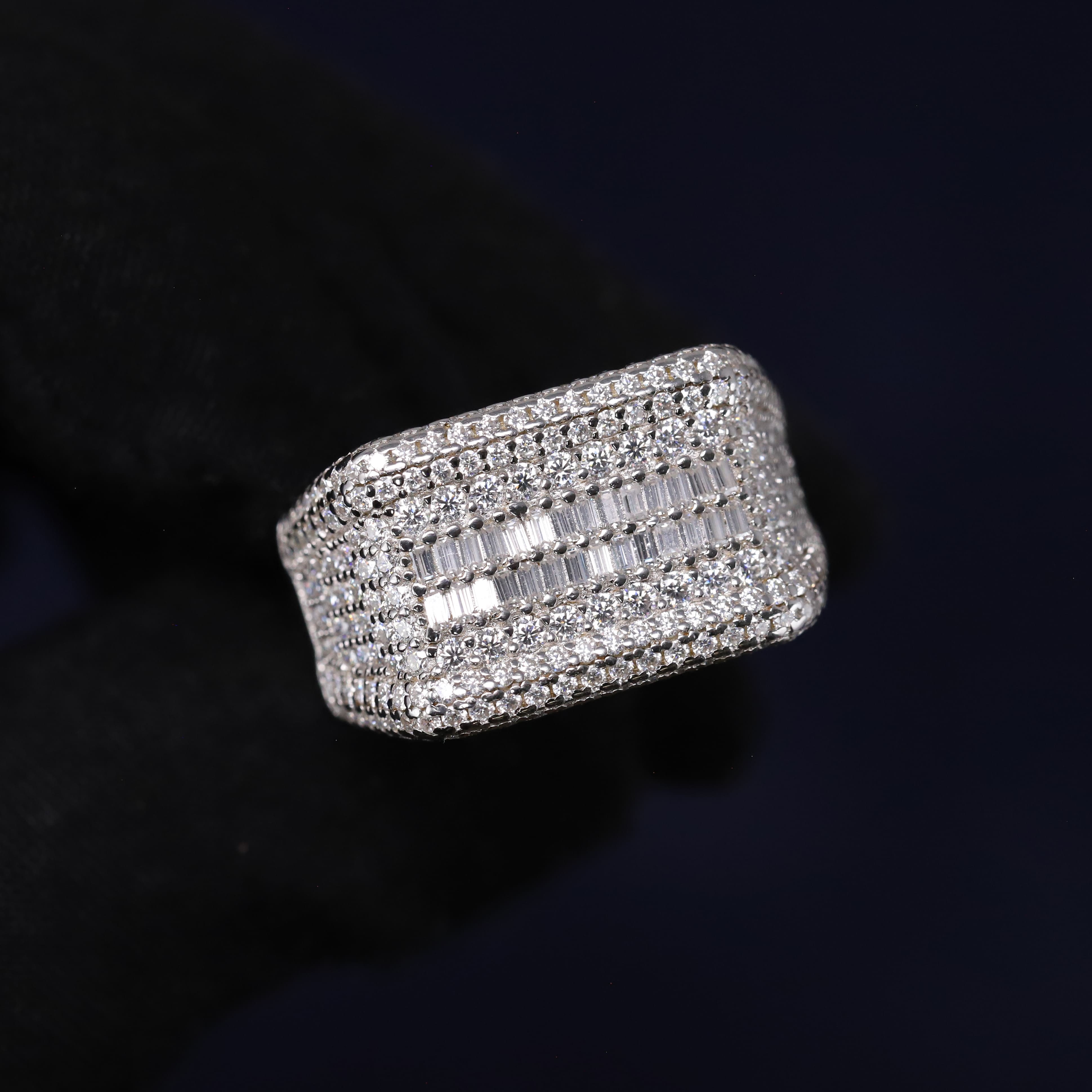 Iced Out 4.53CT Moissanite Wide Baguette Band Ring in Premium Sterling Silver
