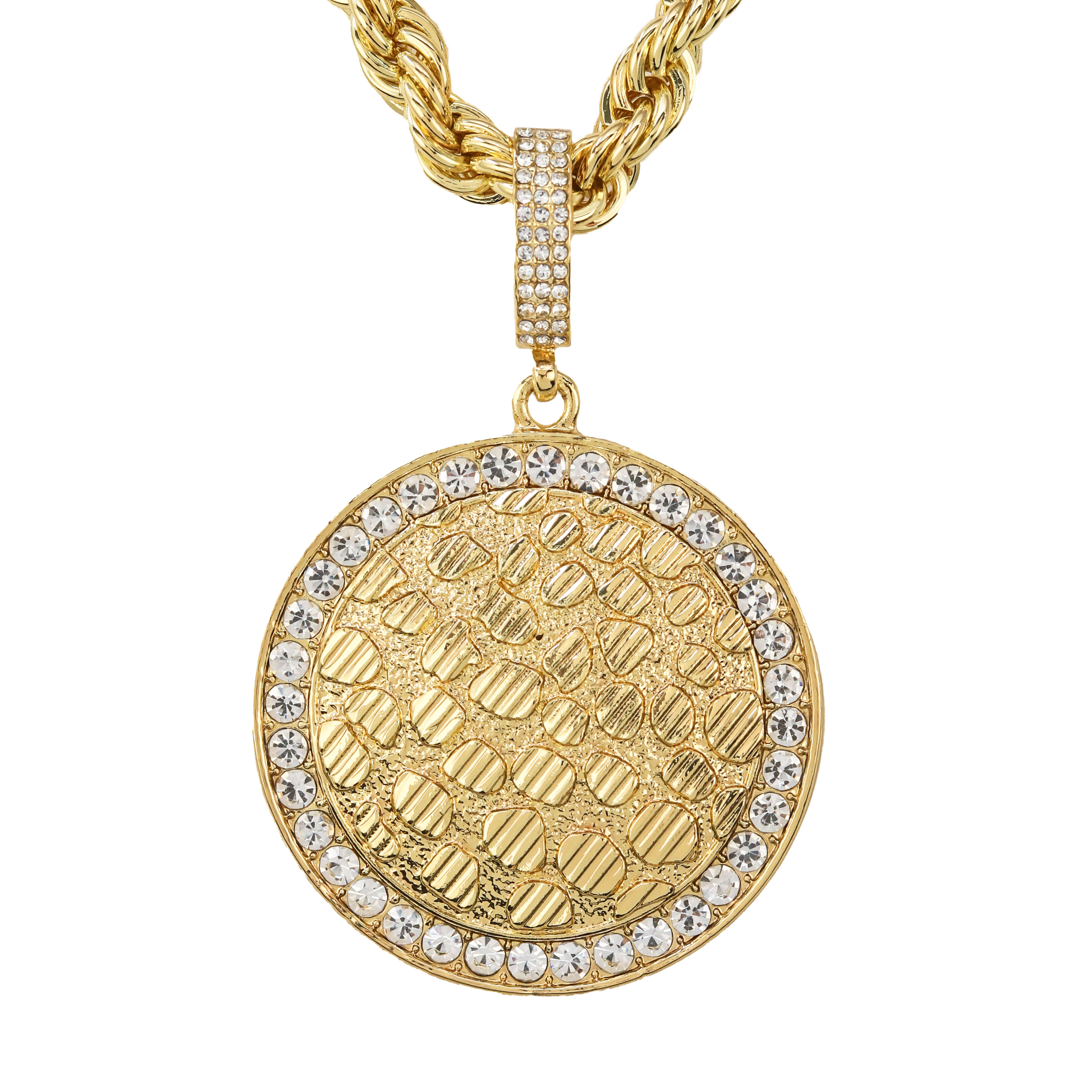 Gold iced-out medallion pendant with diamond bezel and textured center on rope necklace.