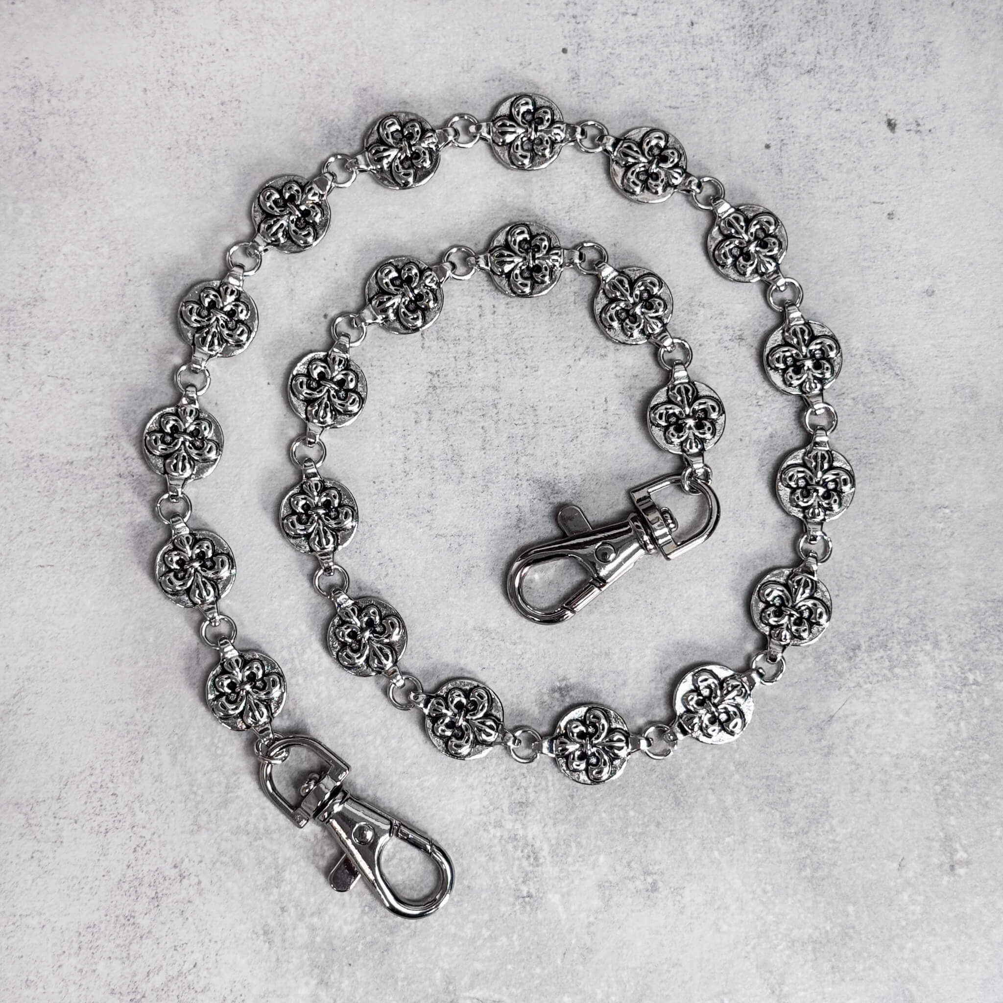 Round Cross Link Pant Chain with detailed silver cross medallion links and sturdy clasps.